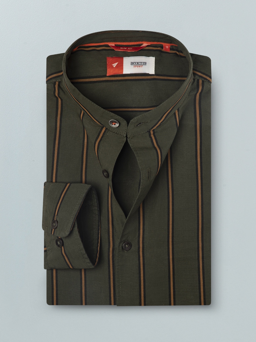 

INVICTUS Men Olive Green & Mustard Yellow Striped Pure Cotton Slim Fit Shirt