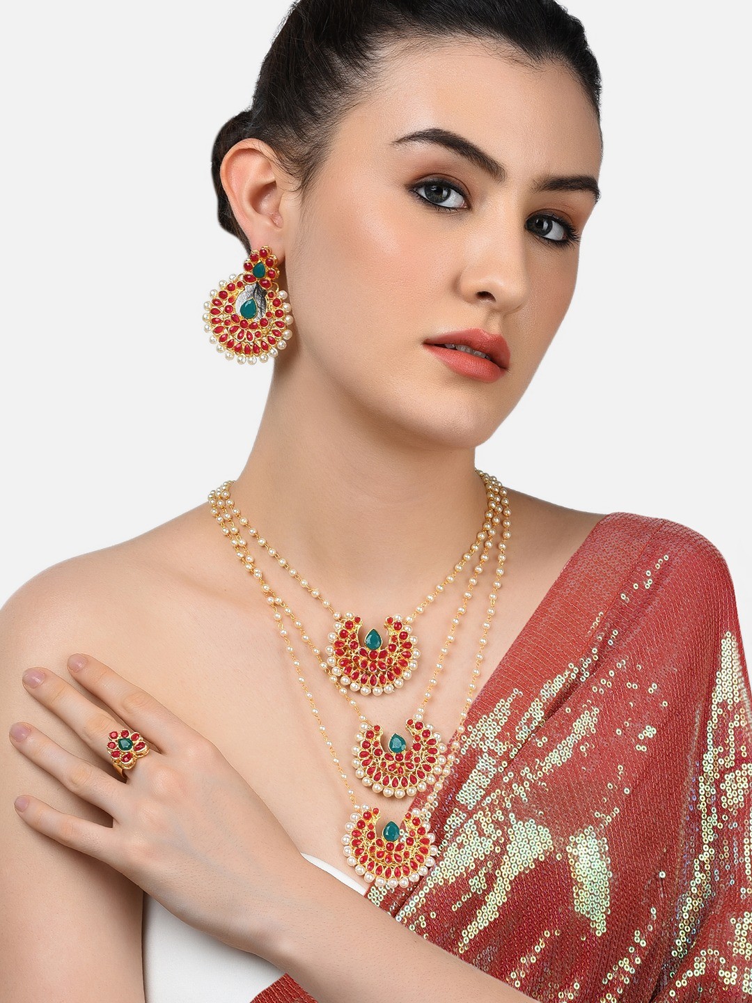 

Zaveri Pearls Pink & Green Layered Pearls Necklace Earring & Ring Set