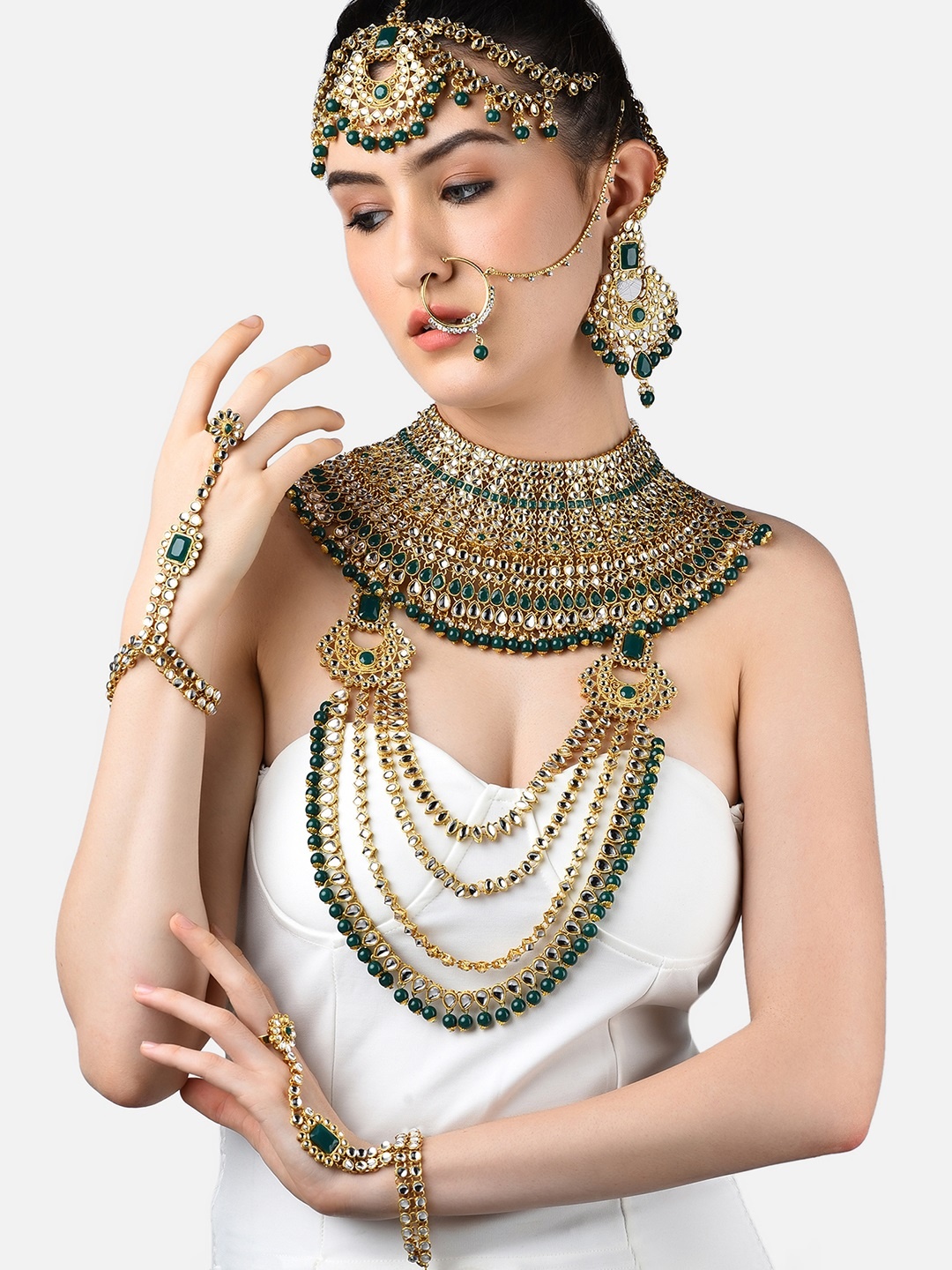 

Zaveri Pearls Gold-Plated Green & White Kundan-Studded & Beaded Bridal Jewellery Set