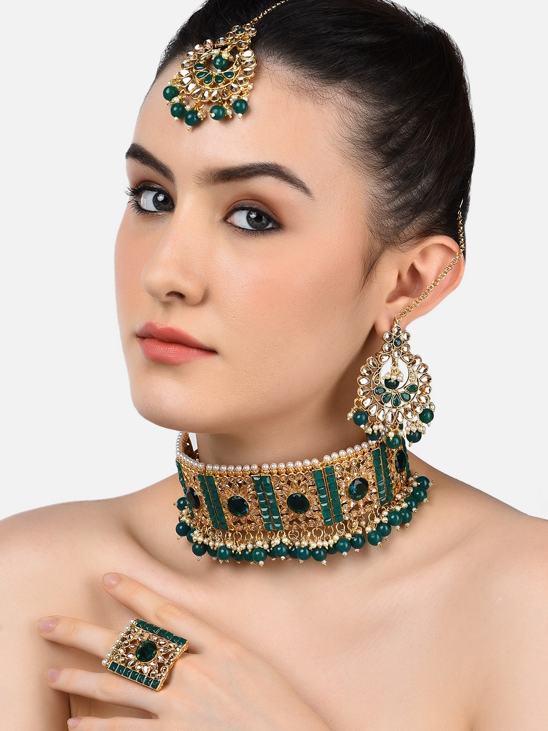 

Zaveri Pearls Green Traditional Choker Necklace Earring Maangtikka & Ring Set