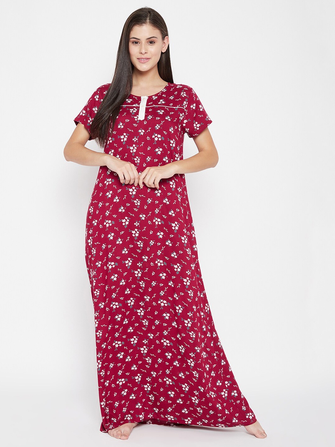

Clovia Womens Maroon Printed Maxi Nightdress
