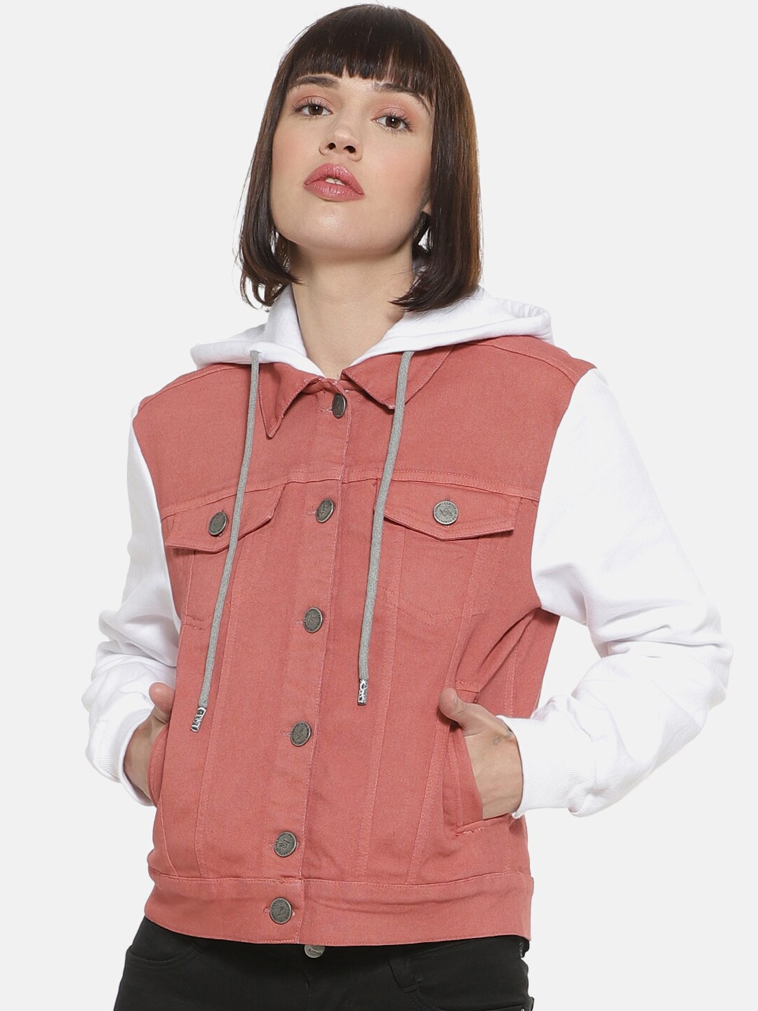 

Campus Sutra Women Peach-Coloured Colourblocked Tailored Casual Denim Jacket