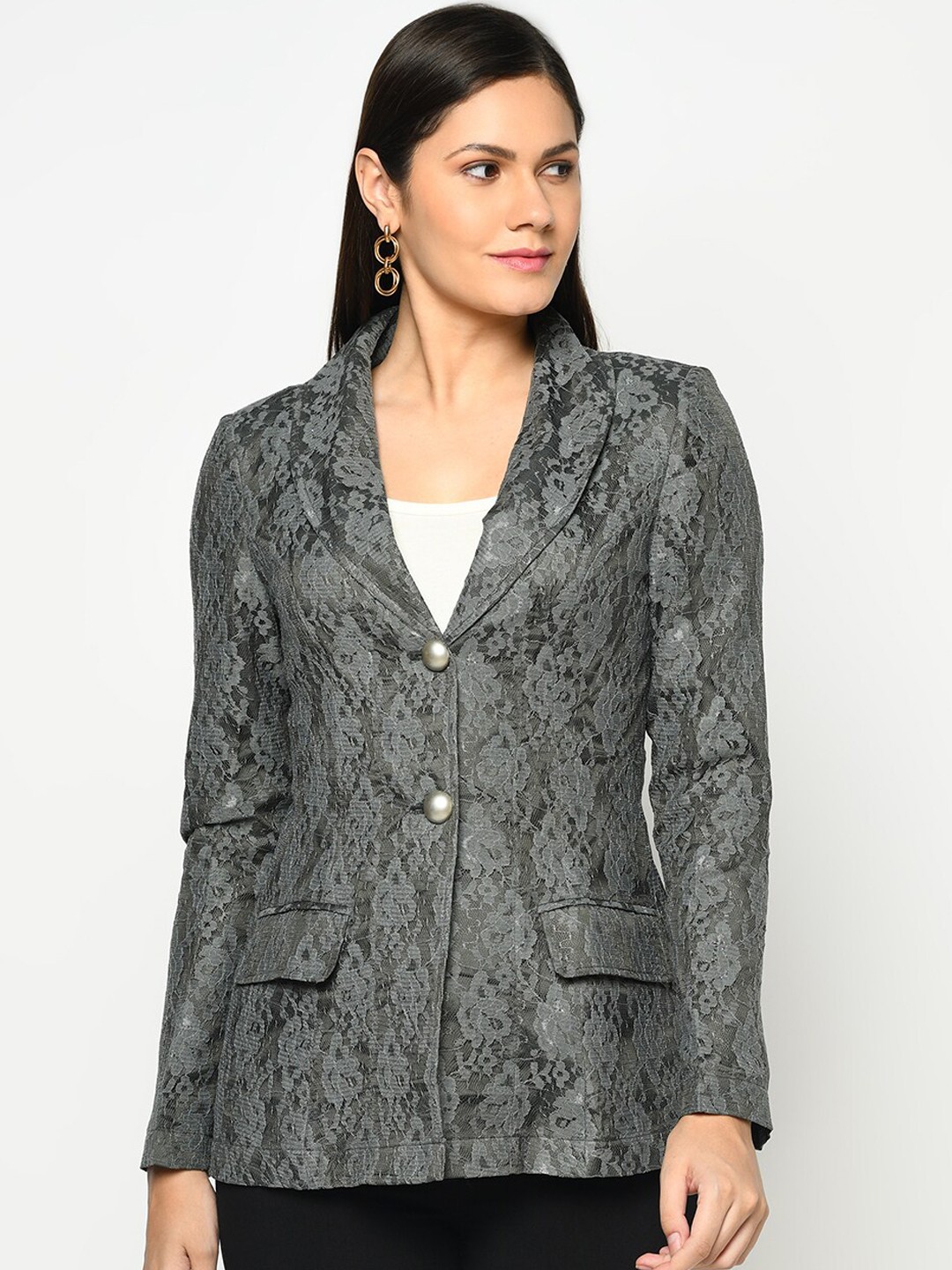 

Owncraft Women Grey Self Design Single-Breasted Lace Overcoat