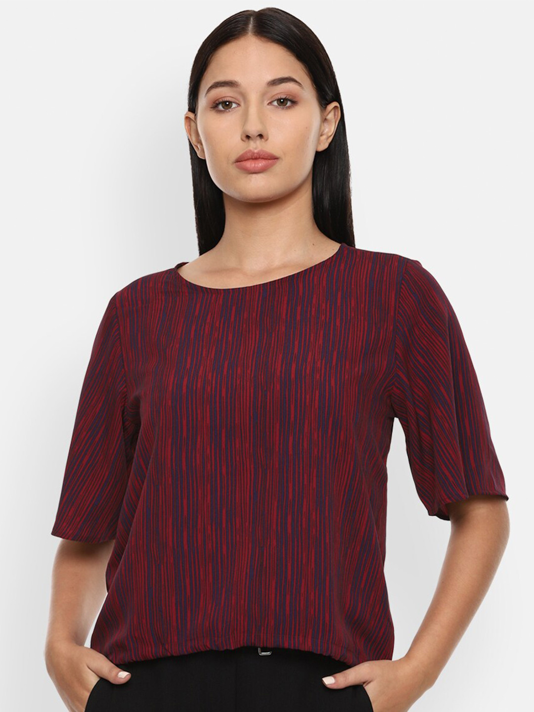 

Van Heusen Woman Maroon & Blue Striped Regular Top