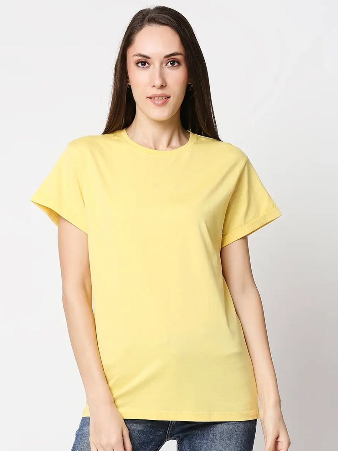 

Bewakoof Women Yellow Solid Cotton Pure Cotton Boyfriend T-Shirt