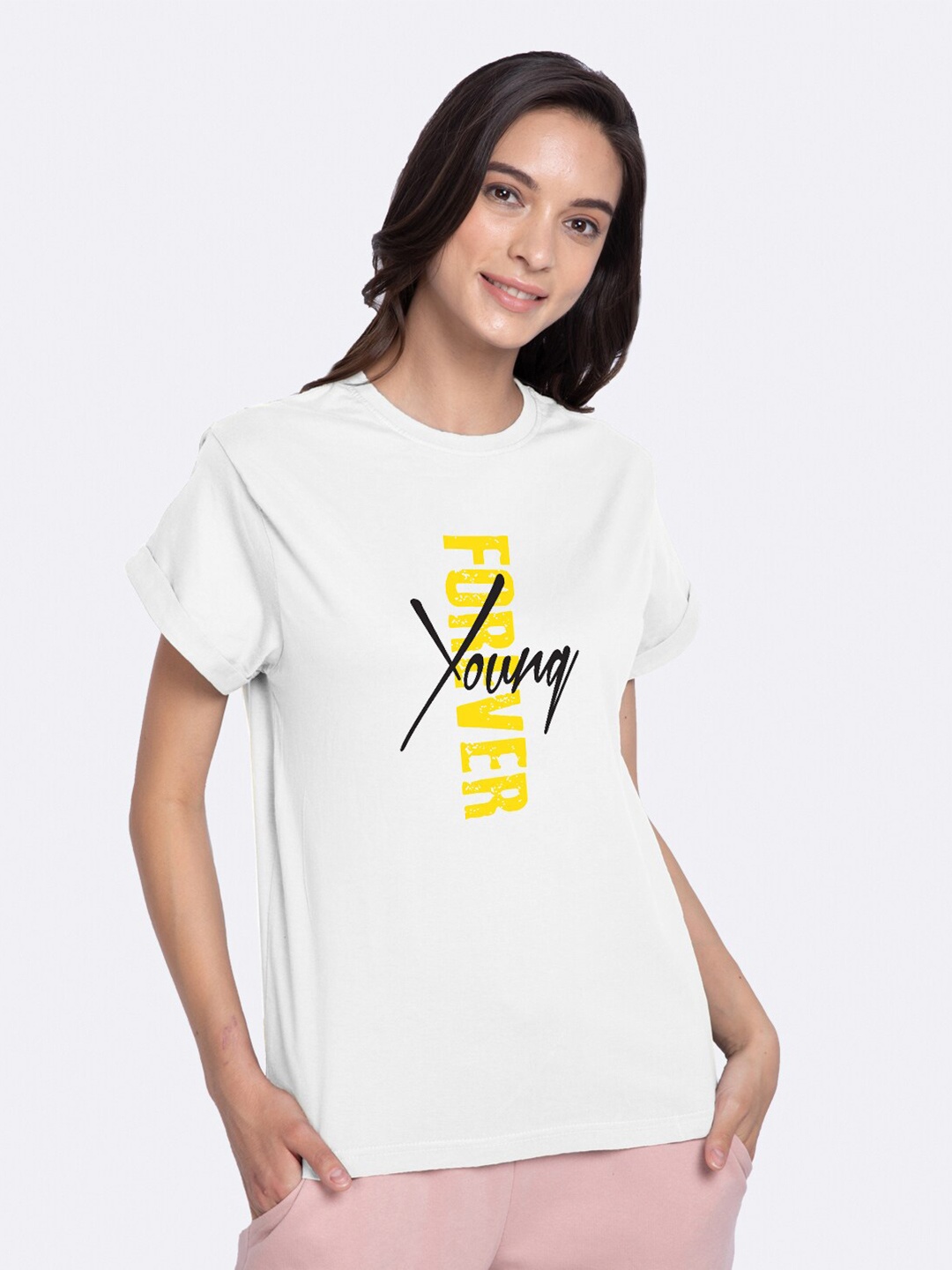 

Bewakoof Women White Yellow Typography Printed Loose Pure Cotton T-shirt