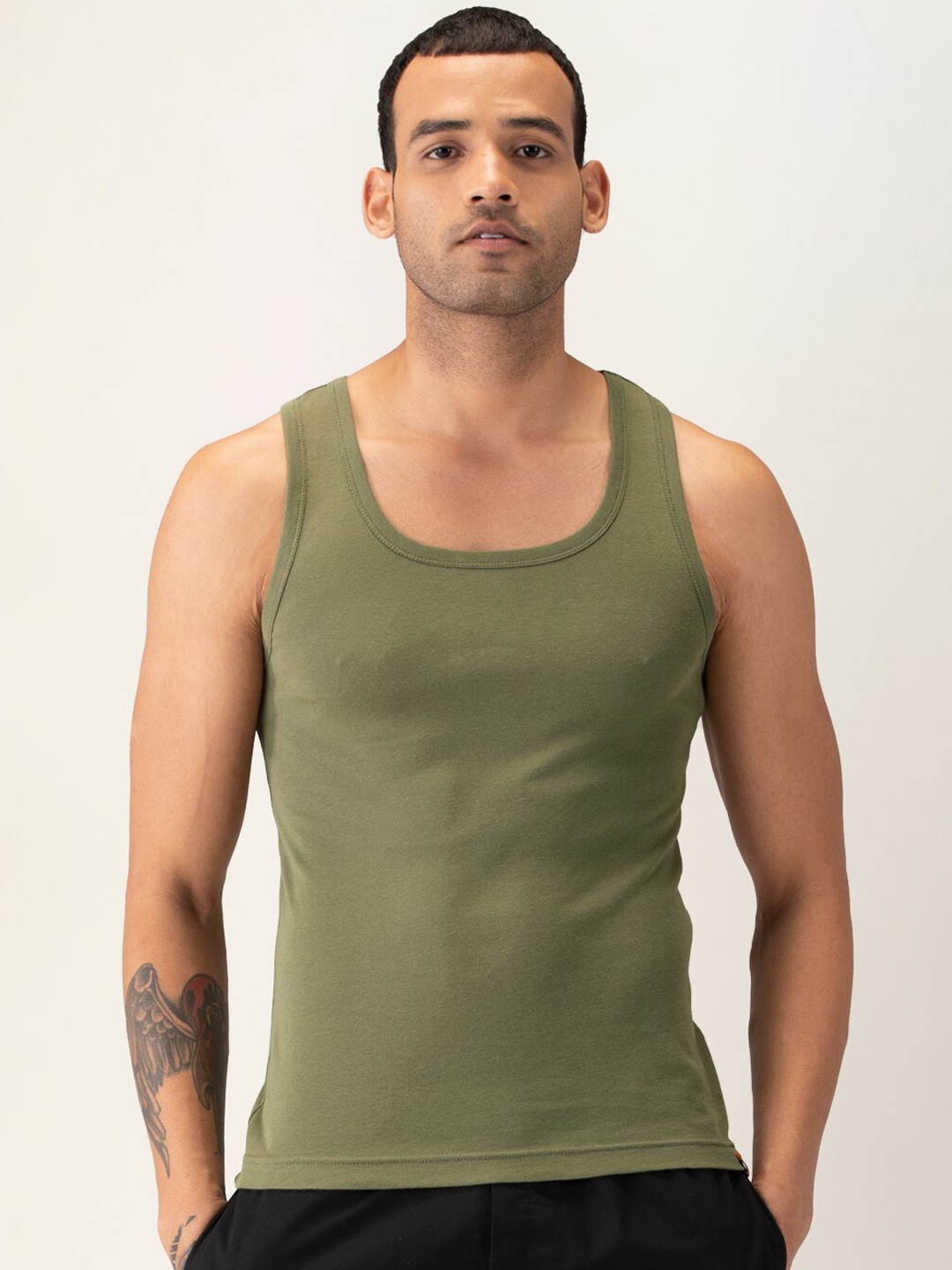 

DAMENSCH Men Olive-Green Solid Pure Cotton NEO-SKIN Anti-Microbial Basic Innerwear Vest