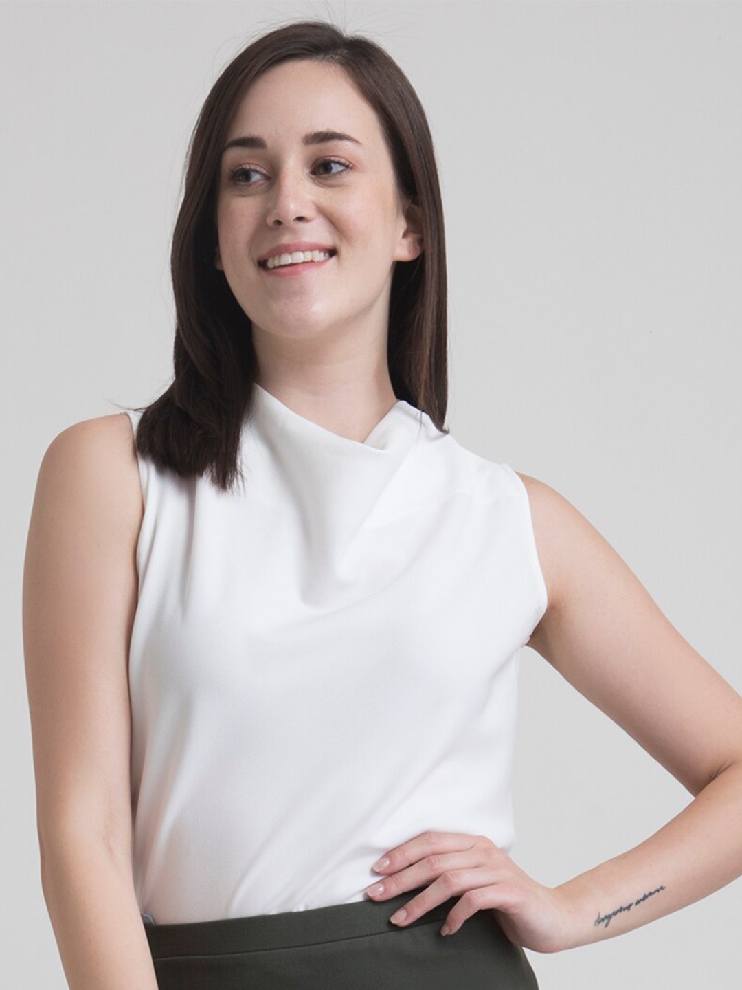 

FableStreet Women White Cowl Neck A-Line Top