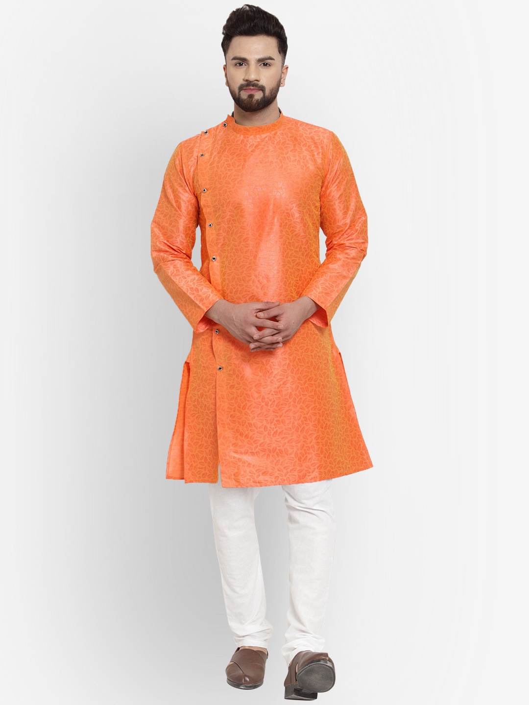 

KLOTTHE Men Orange Angrakha Kurta with Pyjamas