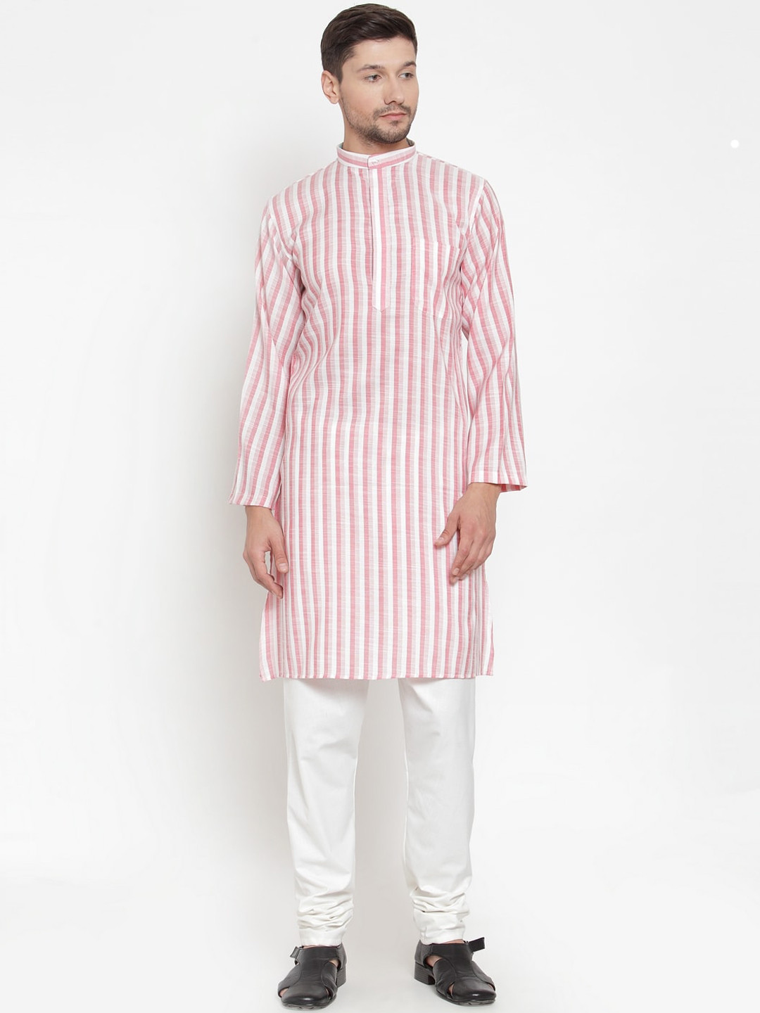 

KLOTTHE Men Pink Striped Angrakha Pure Cotton Kurta with Pyjamas