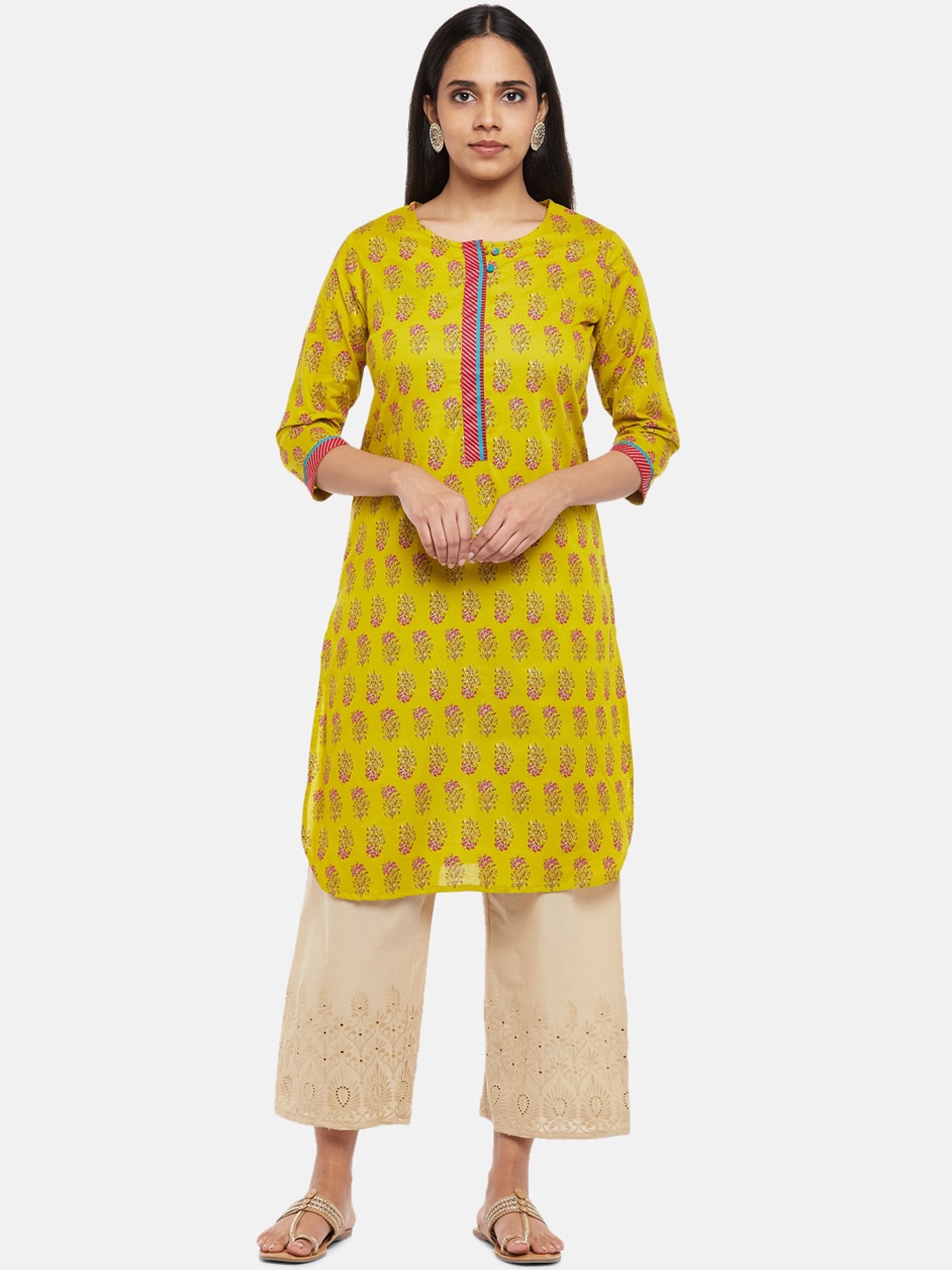 

RANGMANCH BY PANTALOONS Women Lime Green & Pink Ethnic Motifs Printed Pure Cotton Kurta