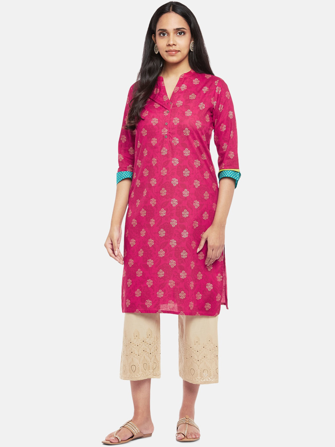 

RANGMANCH BY PANTALOONS Women Fuchsia Pink & White Ethnic Motifs Printed Pure Cotton Kurta