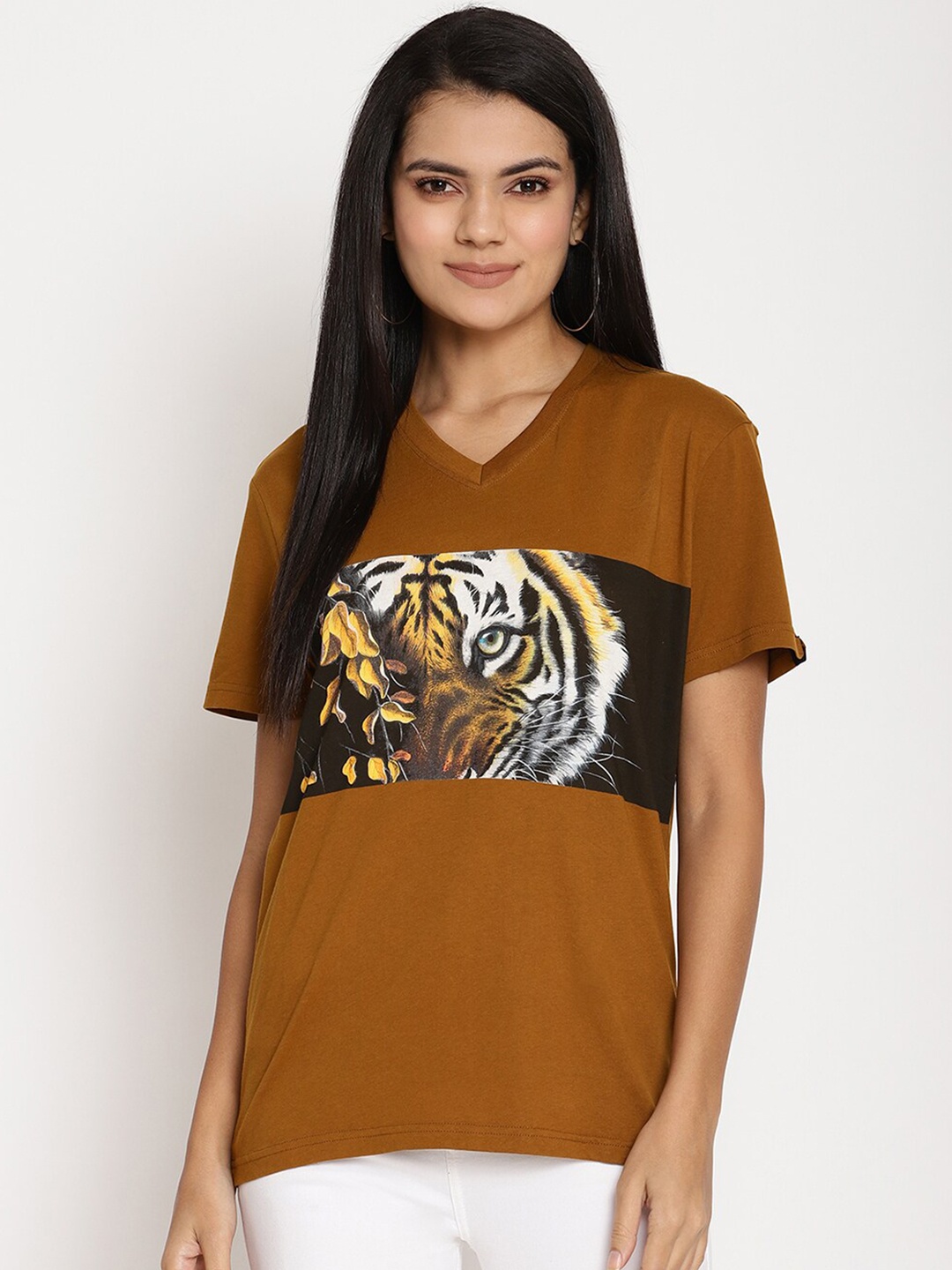 

Wolfpack Women Camel Brown Tiger Graphic Printed V-Neck T-shirt