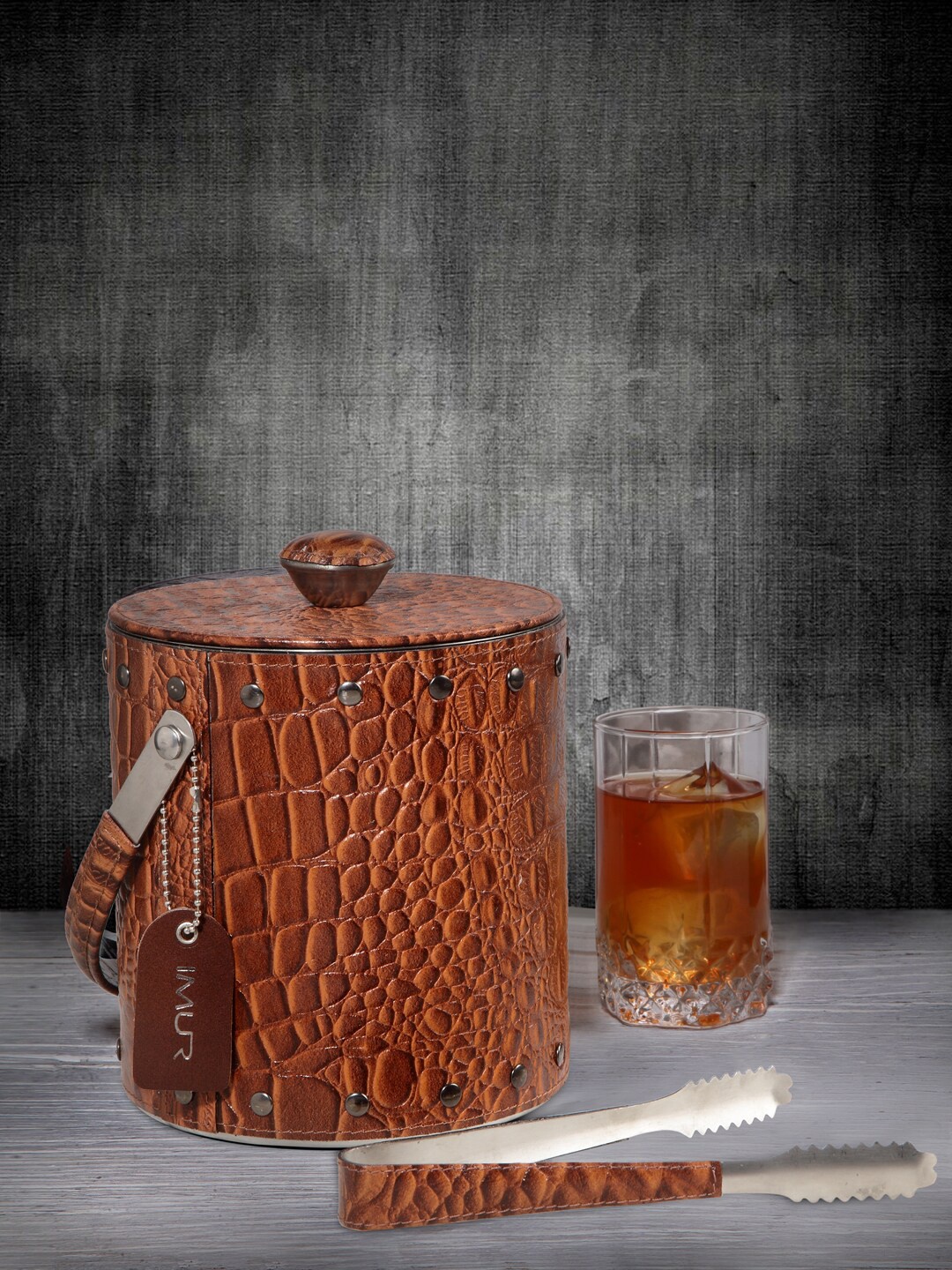 

IMUR Tan-Brown Textured Genuine Leather Ice Bucket with Tongs