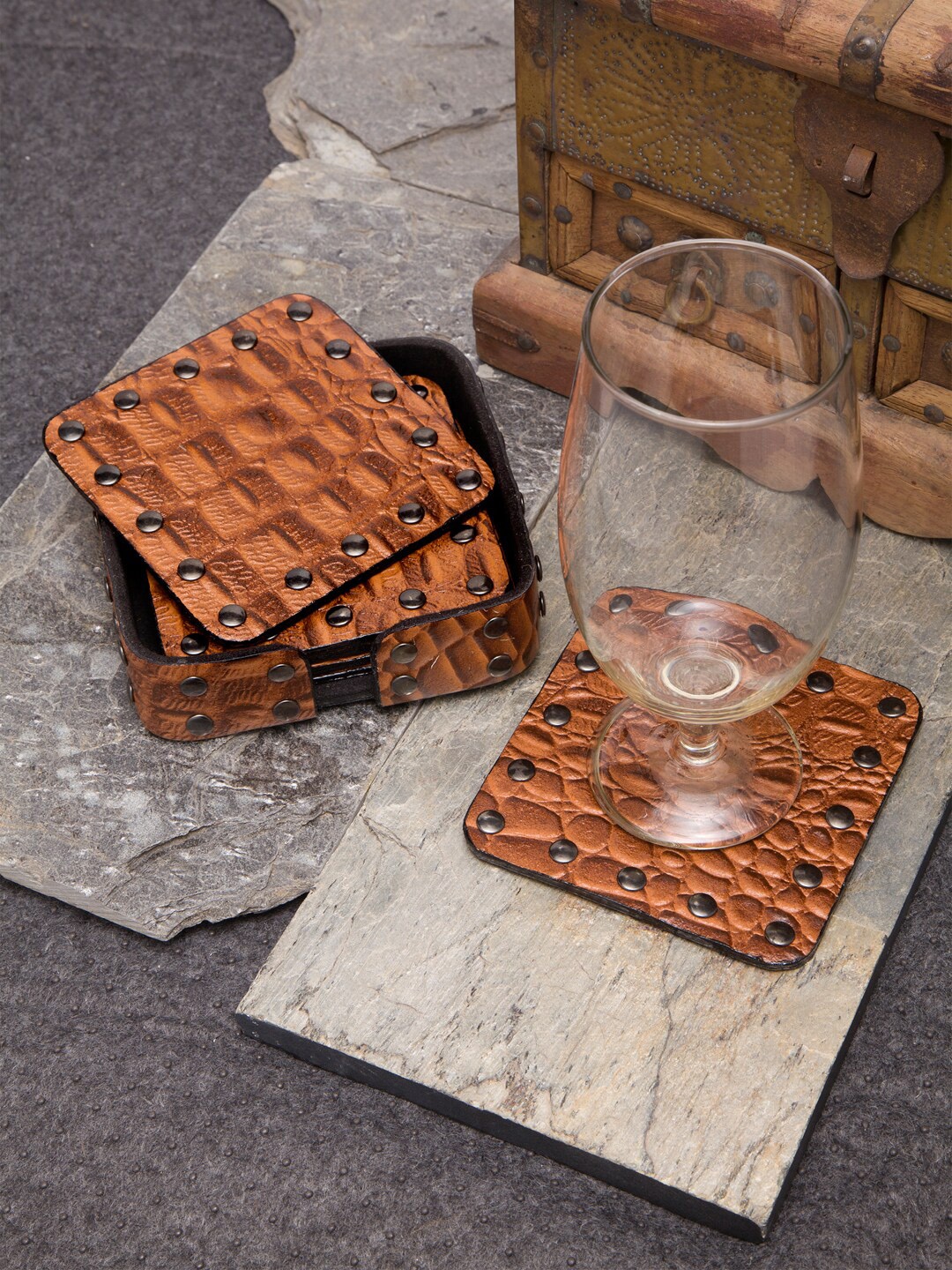 

IMUR Set Of 6 Tan Brown Textured Genuine Leather Coasters