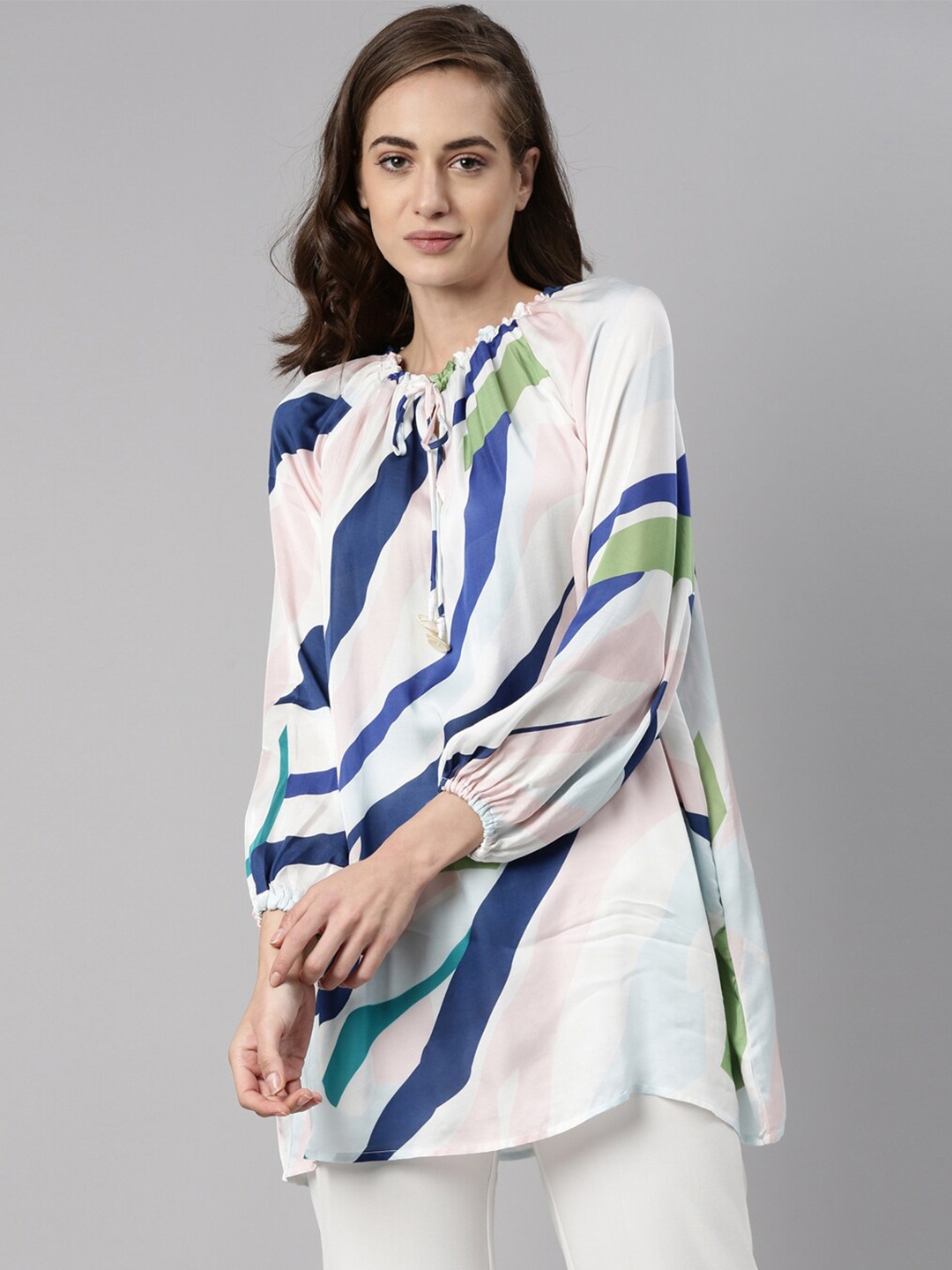 

RAREISM Women White & Blue Tie-Up Neck Boxy Longline Top