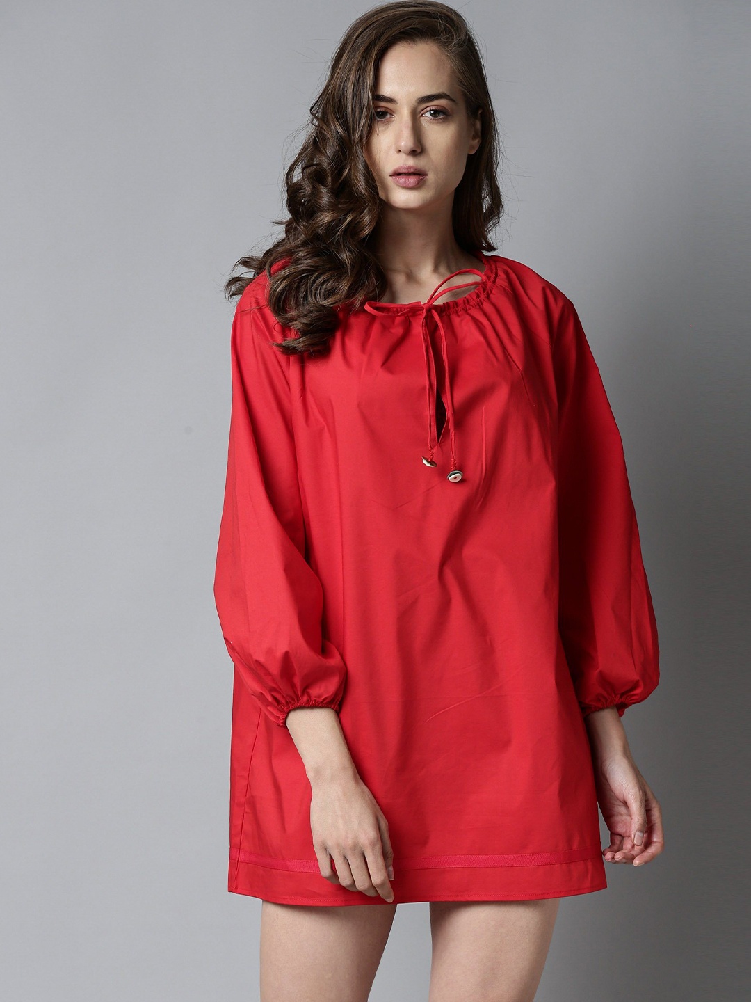 

RAREISM Women Red Tie-Up Neck Pure Cotton Boxy Top
