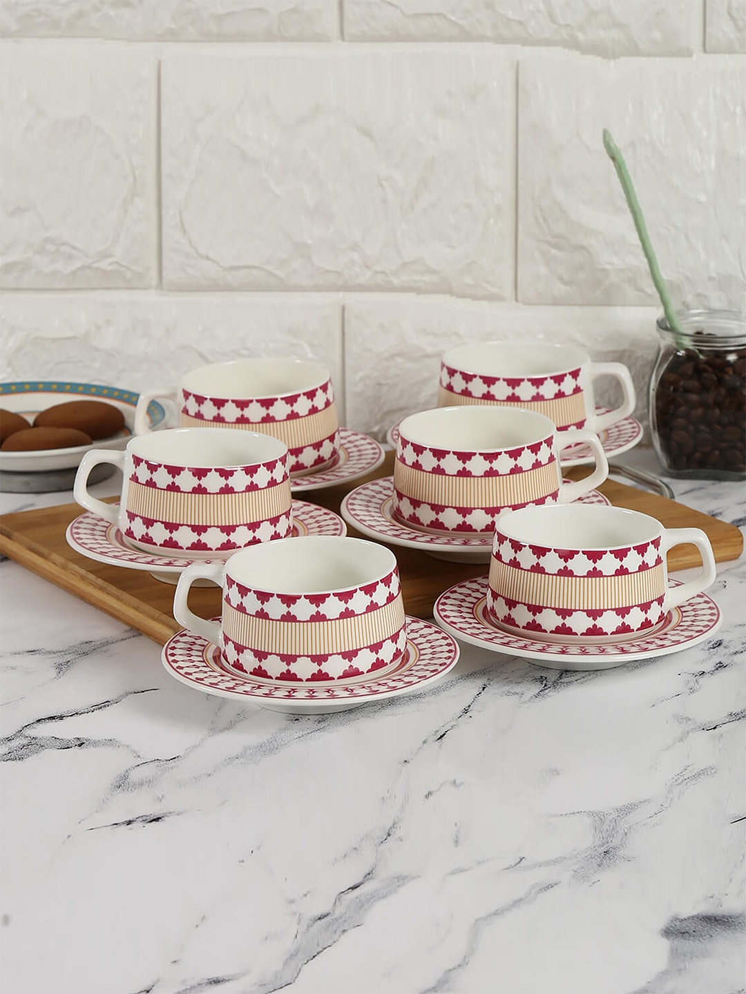 

India Circus Set of 12 Maroon & Beige Geometric Printed Ceramic Glossy Cups & Saucers