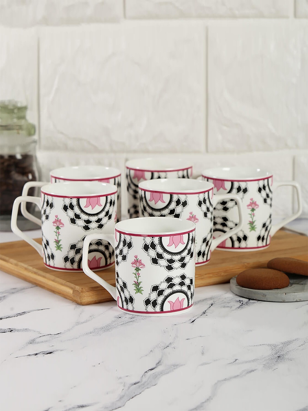 

India Circus Set of 6 Ethnic Motifs Printed Bone China Glossy Mugs, White