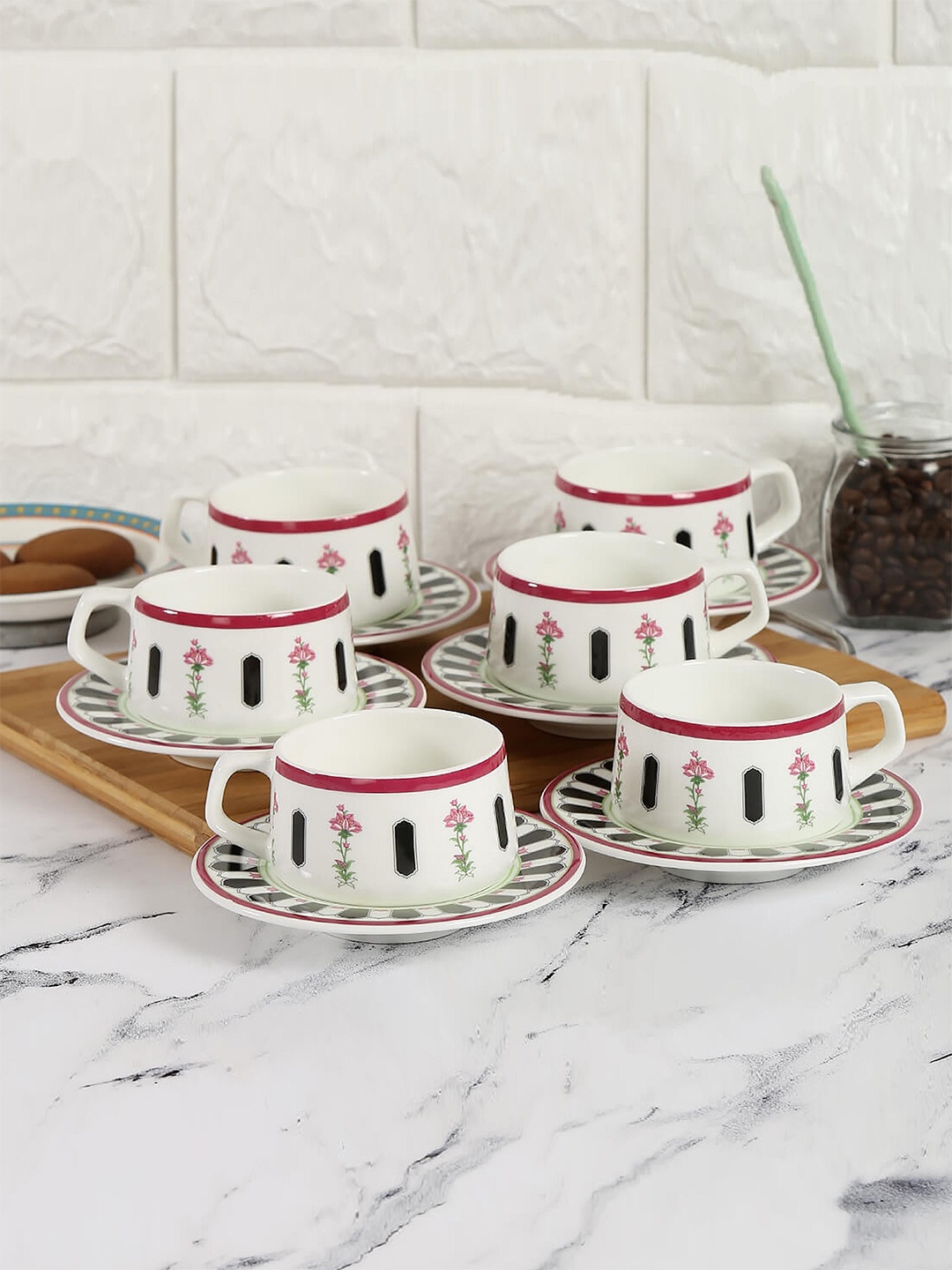 

India Circus Set OF 12 Floral Printed Ceramic Glossy Cups & Saucers, White
