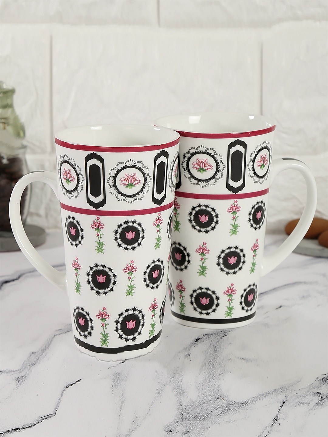 

India Circus Set Of 2 White & Black Floral Printed Ceramic Glossy Mugs