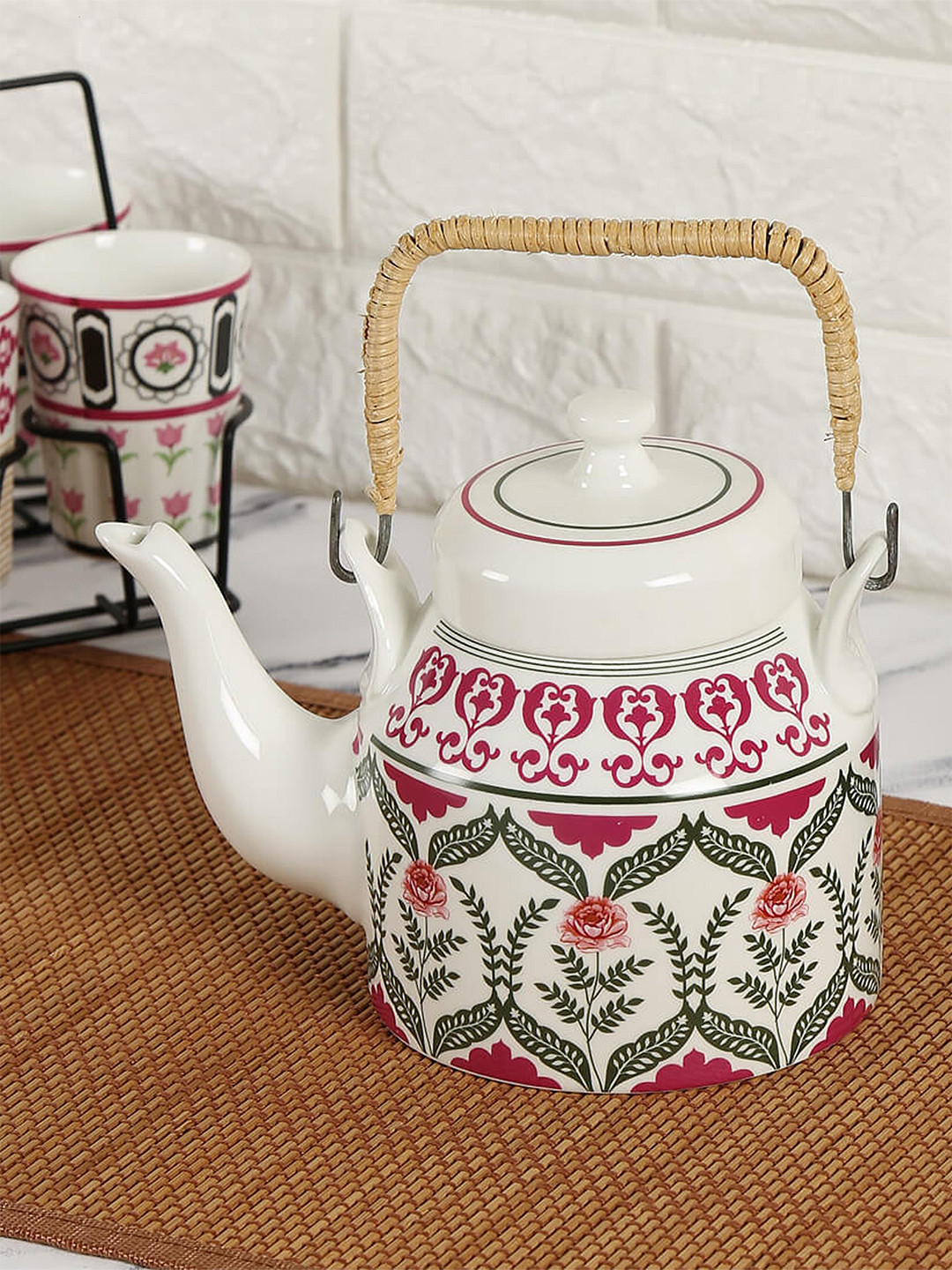 

India Circus White & Burgundy Floral Printed Ceramic Glossy Kettle