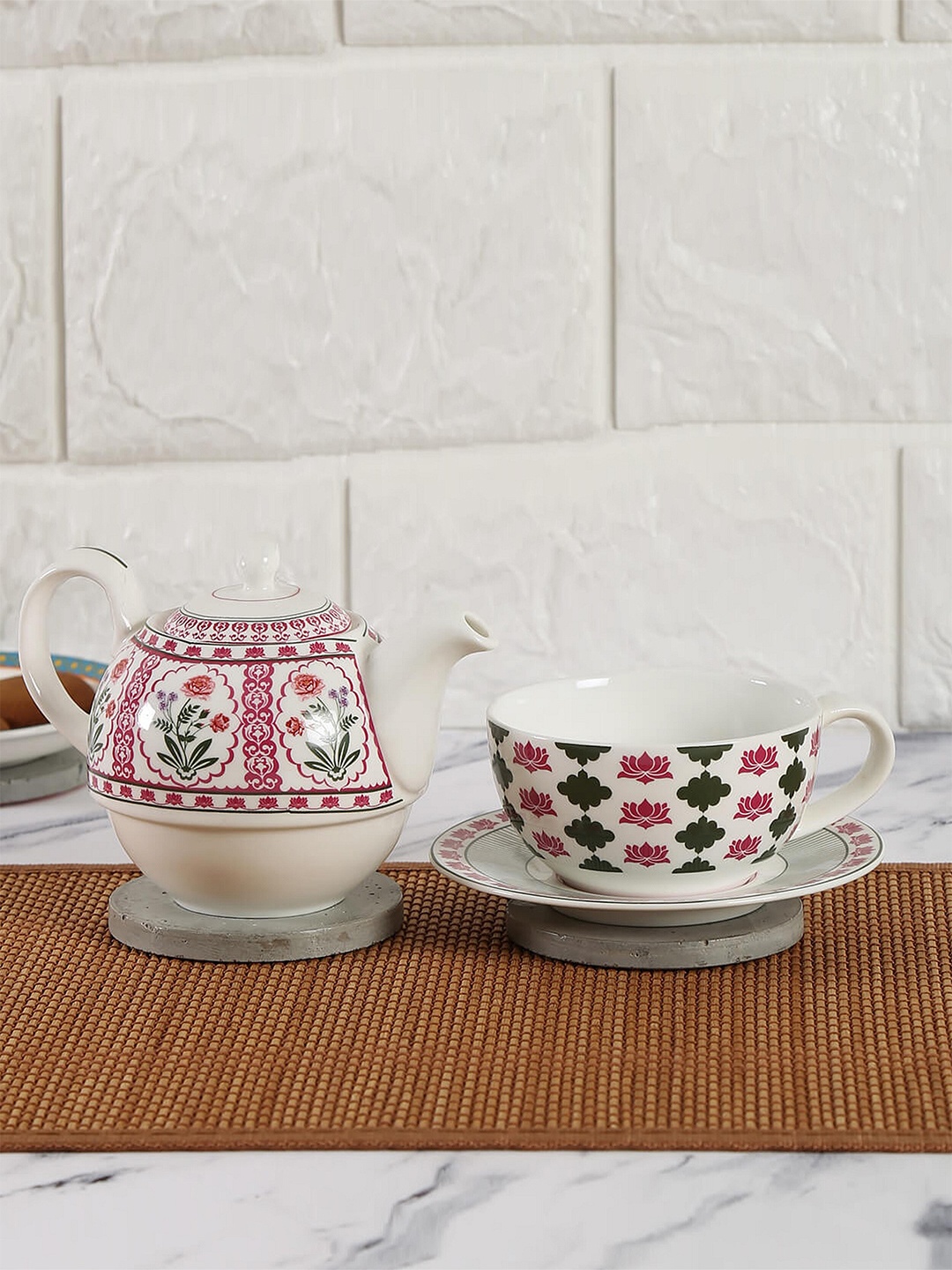 

India Circus Ethnic Motifs Printed Ceramic Tea Set For One, White