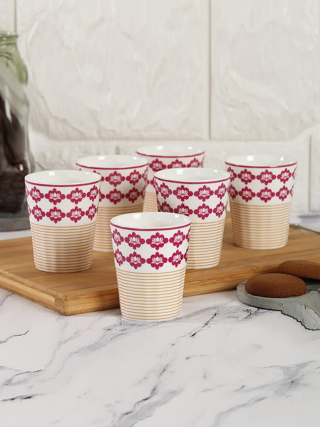 

India Circus Set Of 6 White & Pink Floral Printed Ceramic Glossy Kulladhs