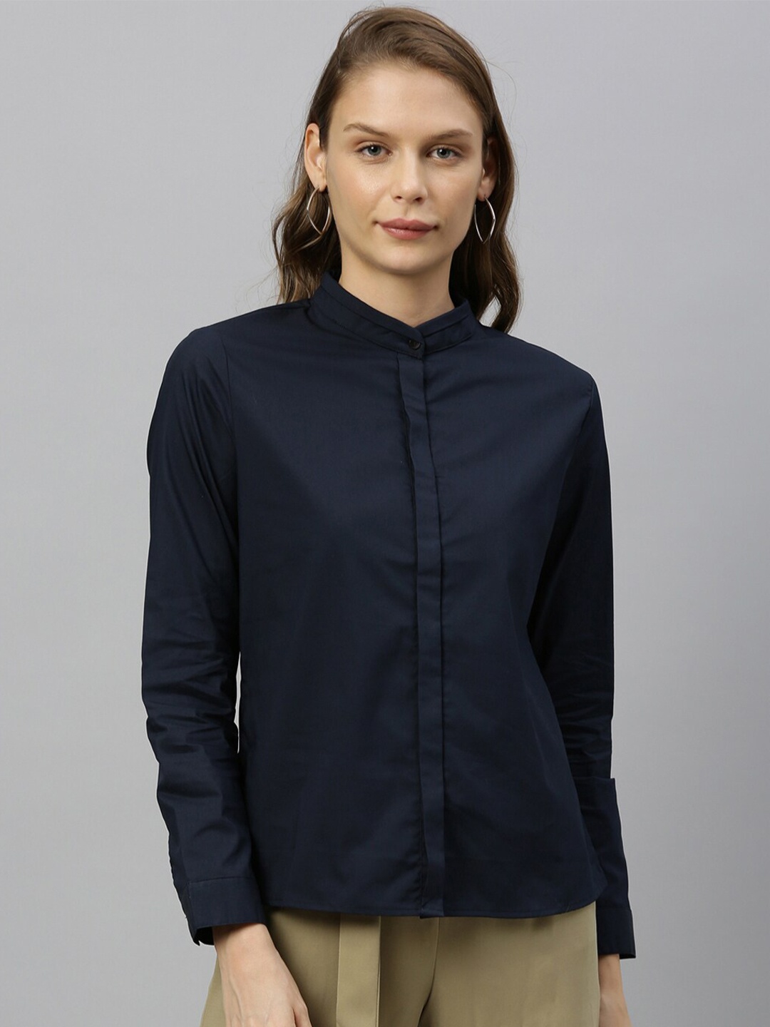 

RAREISM Navy Blue Mandarin Collar Shirt Style Top