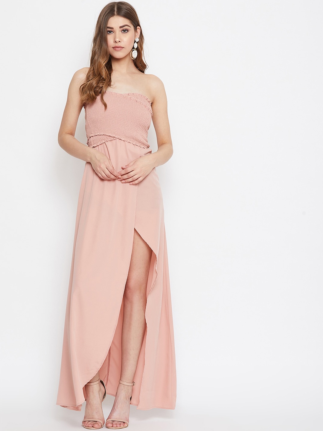 

Berrylush Women Pink Smocked Crepe Maxi Dress