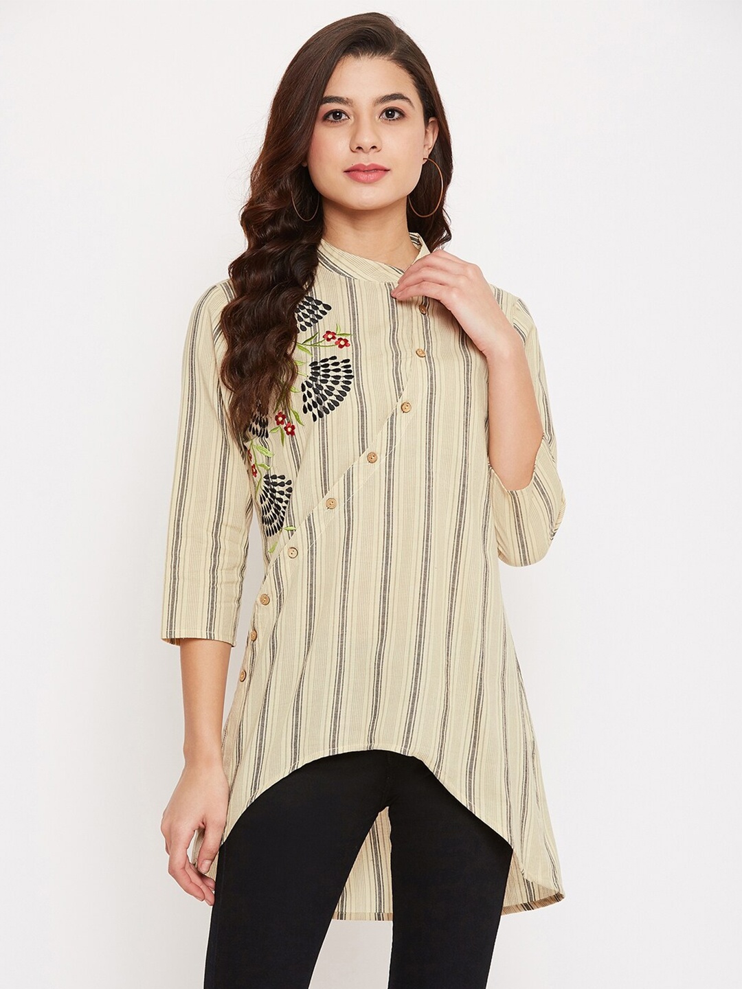 

Ruhaans Women Beige Embroidered High Low Tunic