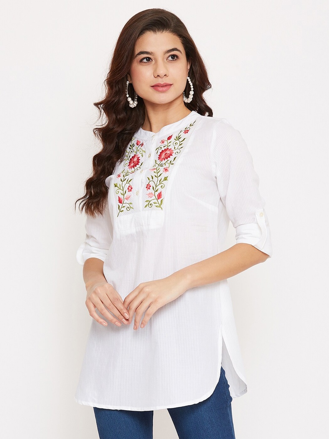 

Ruhaans Women White & Red Mandarin Collar Embroidered Sheer Tunic
