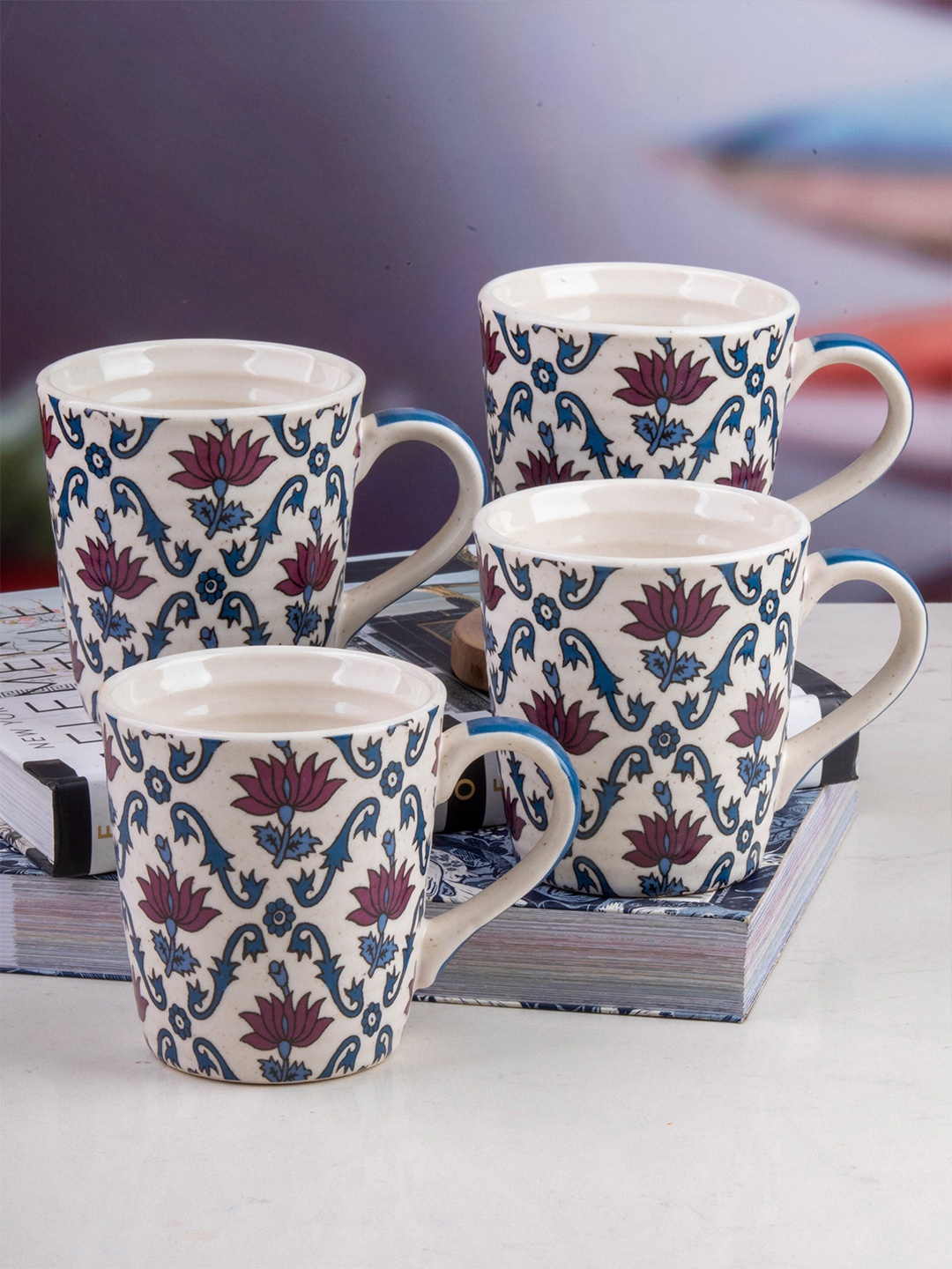 

GOODHOMES Set of 4 White & Blue Floral Printed Stoneware Matte Mugs