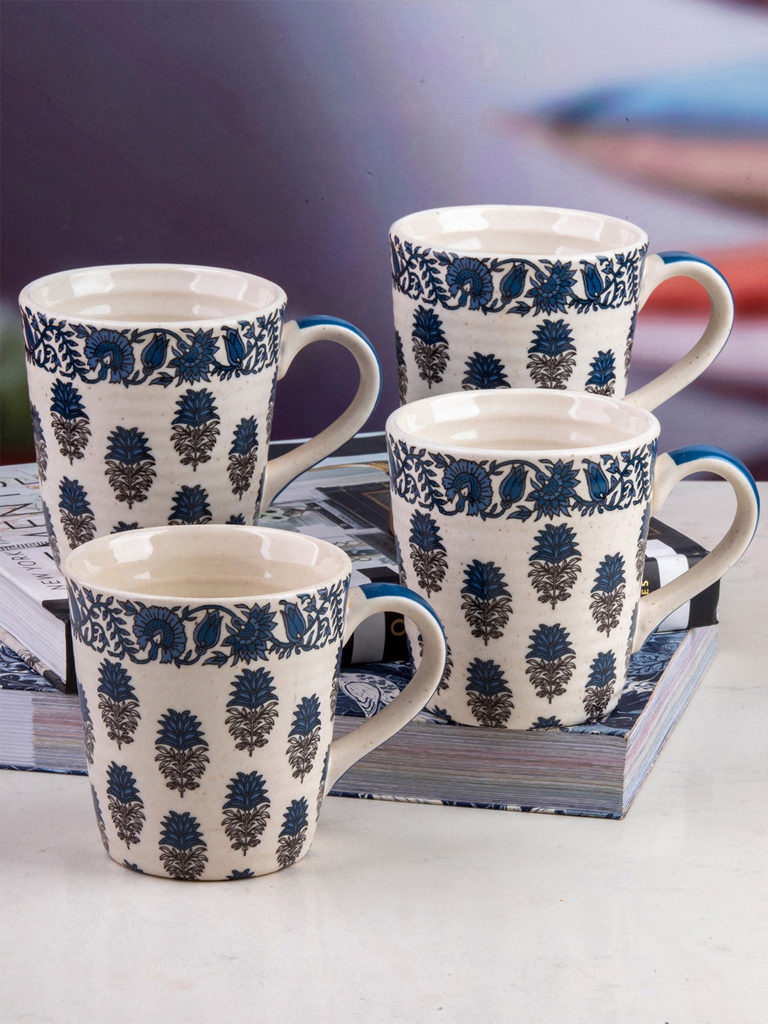 

GOODHOMES Set of 4 White & Blue Floral Printed Stoneware Glossy Mugs