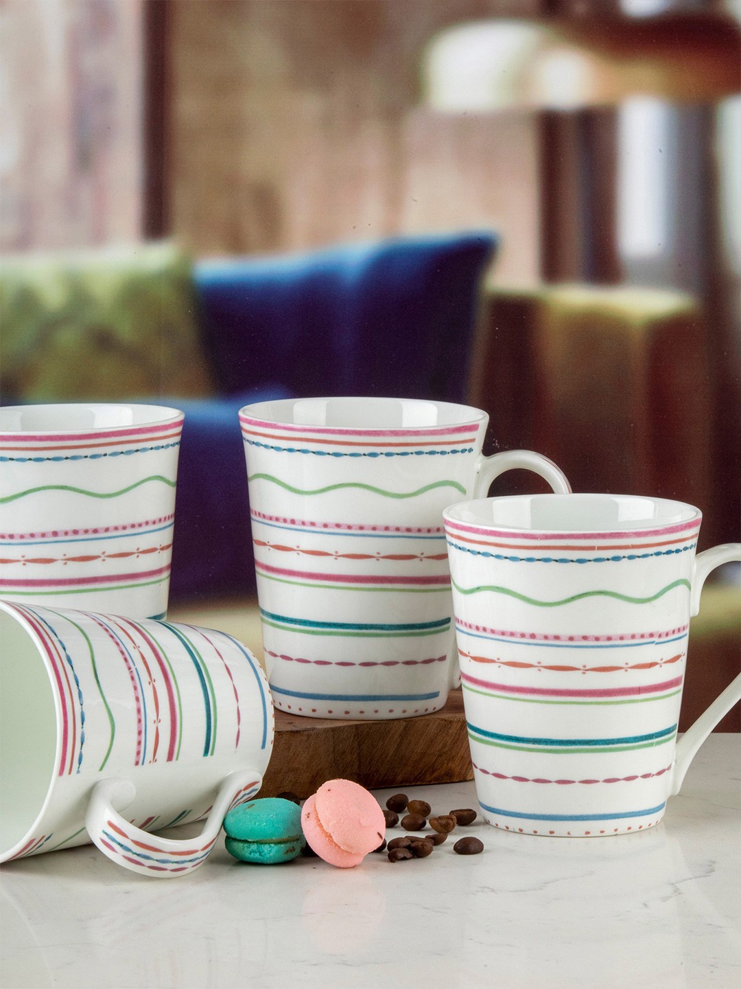 

GOODHOMES Set of 4 White & Pink Floral Printed Bone China Glossy Mugs