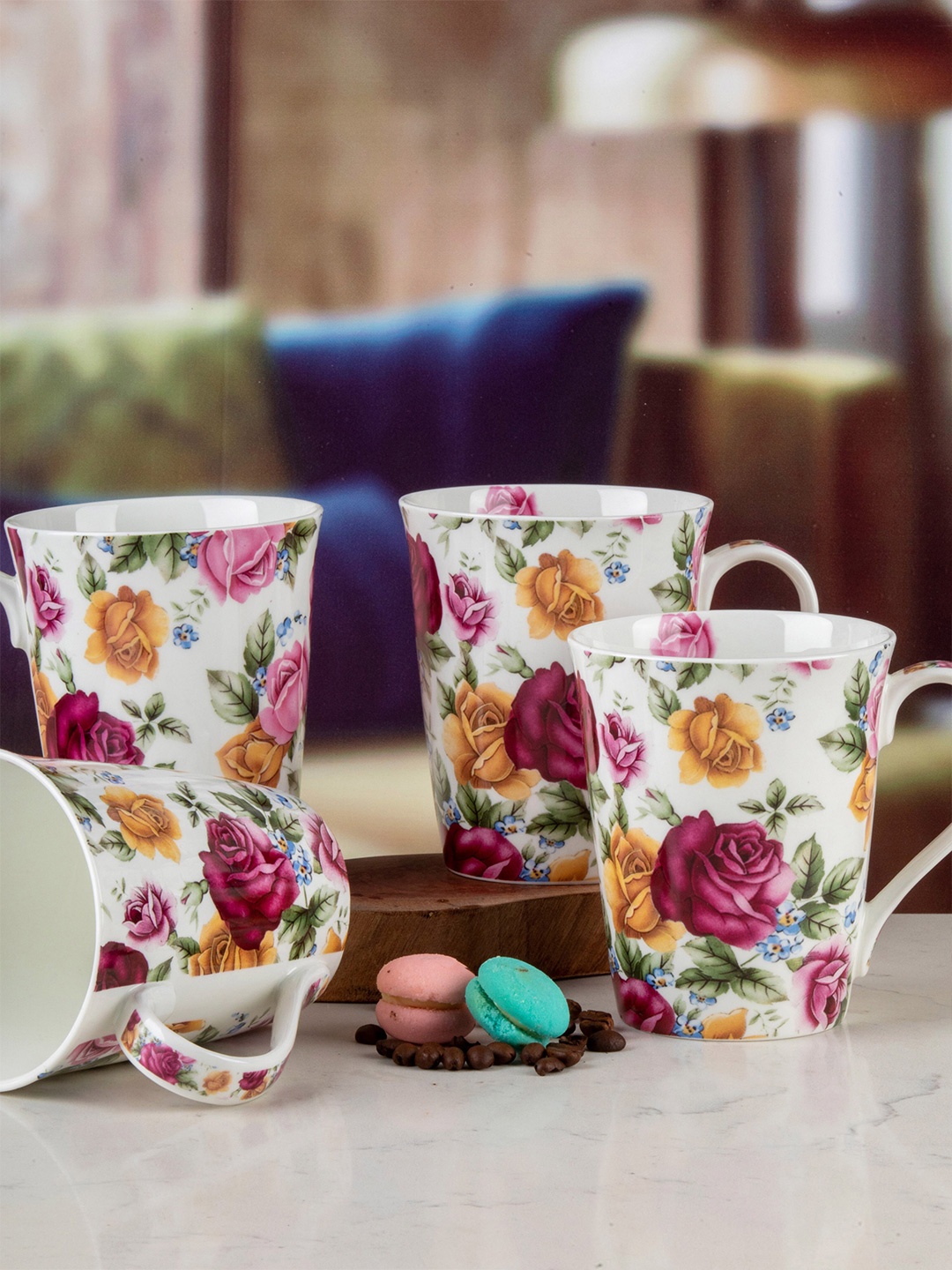 

GOODHOMES Set of 4 White & Yellow Floral Printed Bone China Glossy Mugs