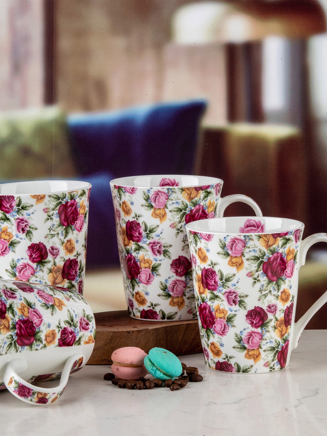 

GOODHOMES Set of 4 White & Pink Floral Printed Bone China Glossy Mugs