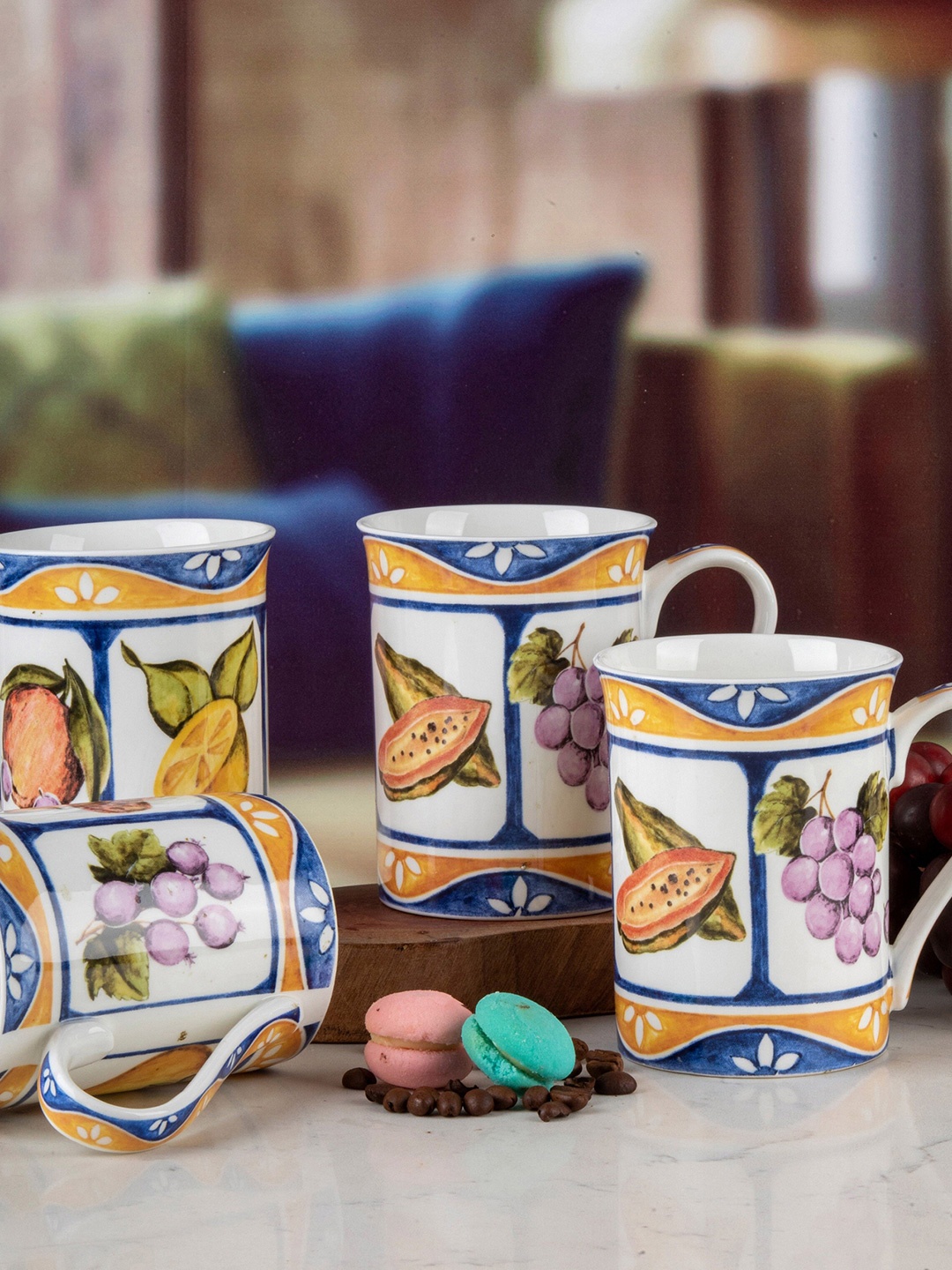 

GOODHOMES Set of 4 White & Blue Floral Printed Bone China Glossy Mugs