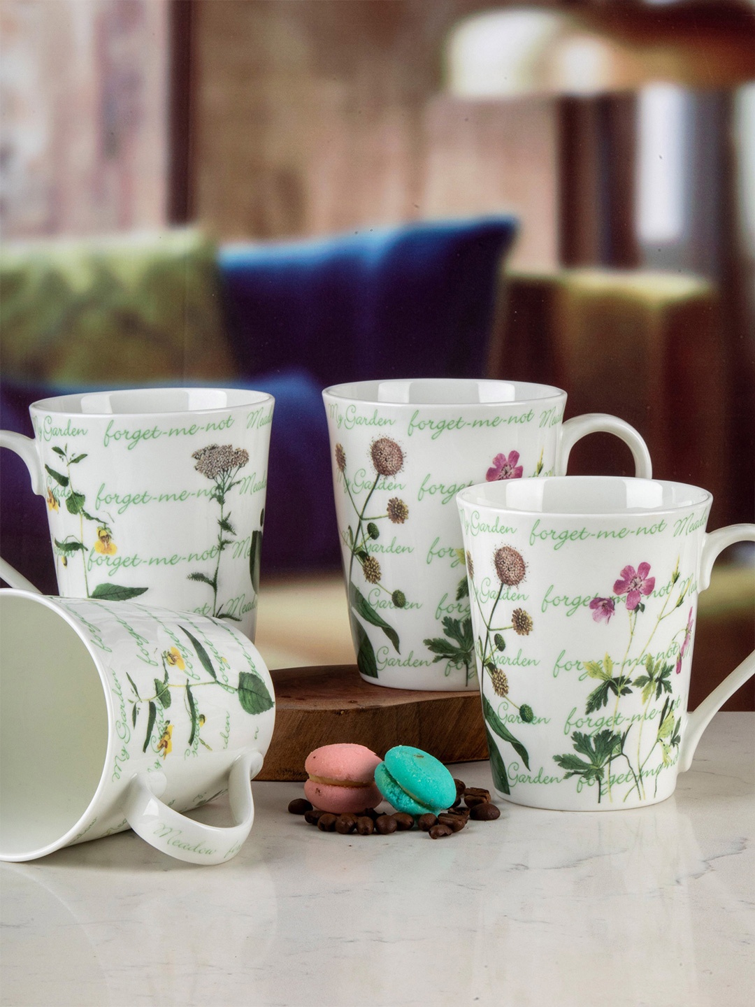 

GOODHOMES Set of 4 White & Green Floral Printed Bone China Glossy Mugs