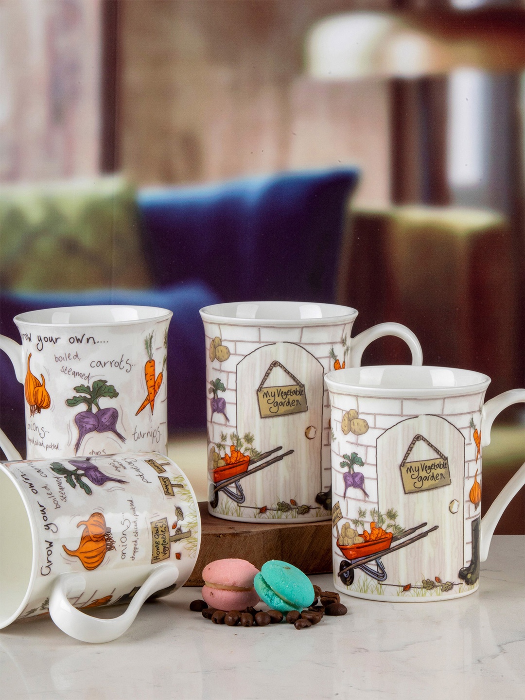 

GOODHOMES Set of 4 White & Brown Floral Printed Bone China Glossy Mugs