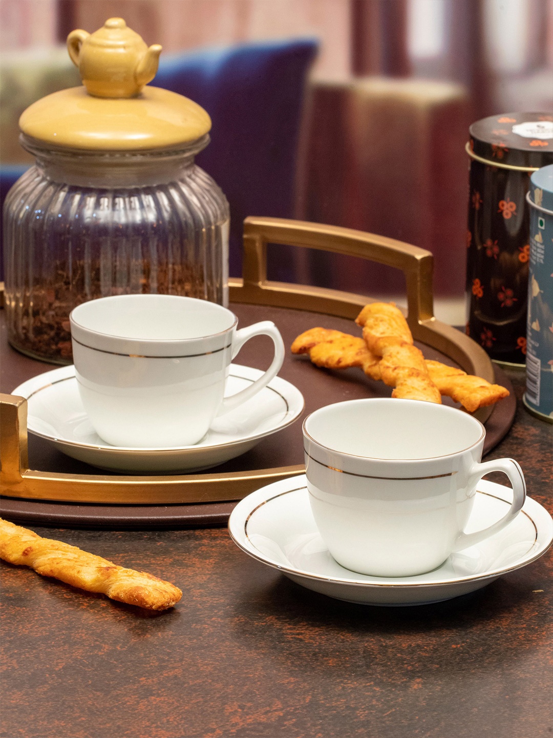 

SONAKI Set Of 6 White & Gold-Toned Solid Bone China Glossy Cups and Saucers