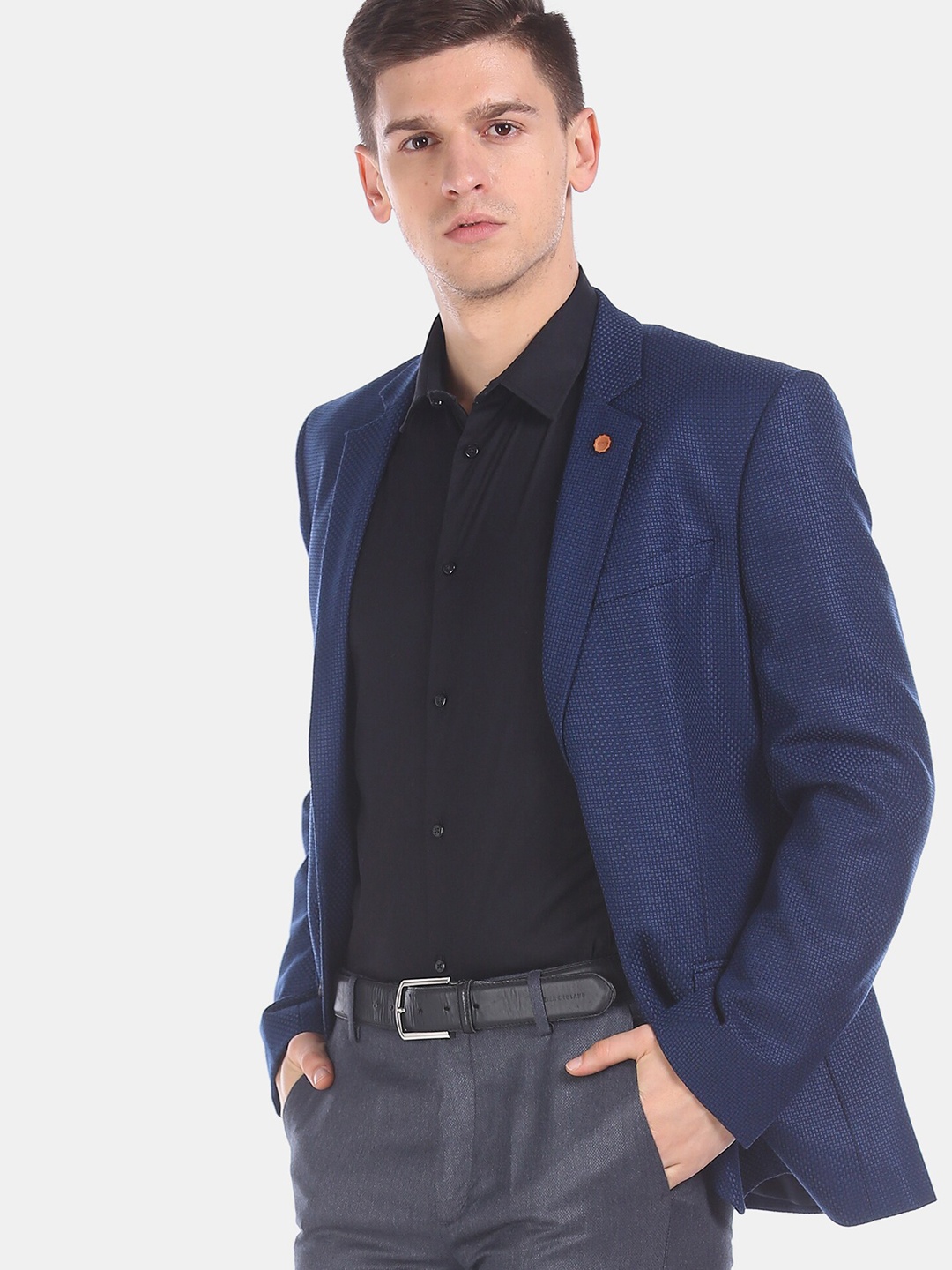 

Arrow Men Blue Single-Breasted Patterned Weave Formal Blazer