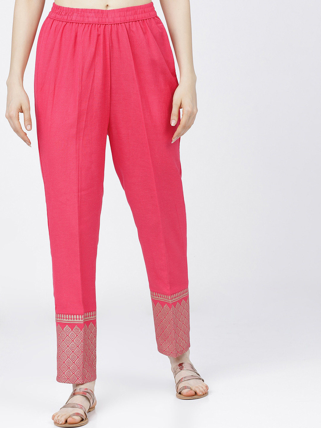 

Vishudh Women Pink Ethnic Motifs Printed Slim Fit Pleated Trousers