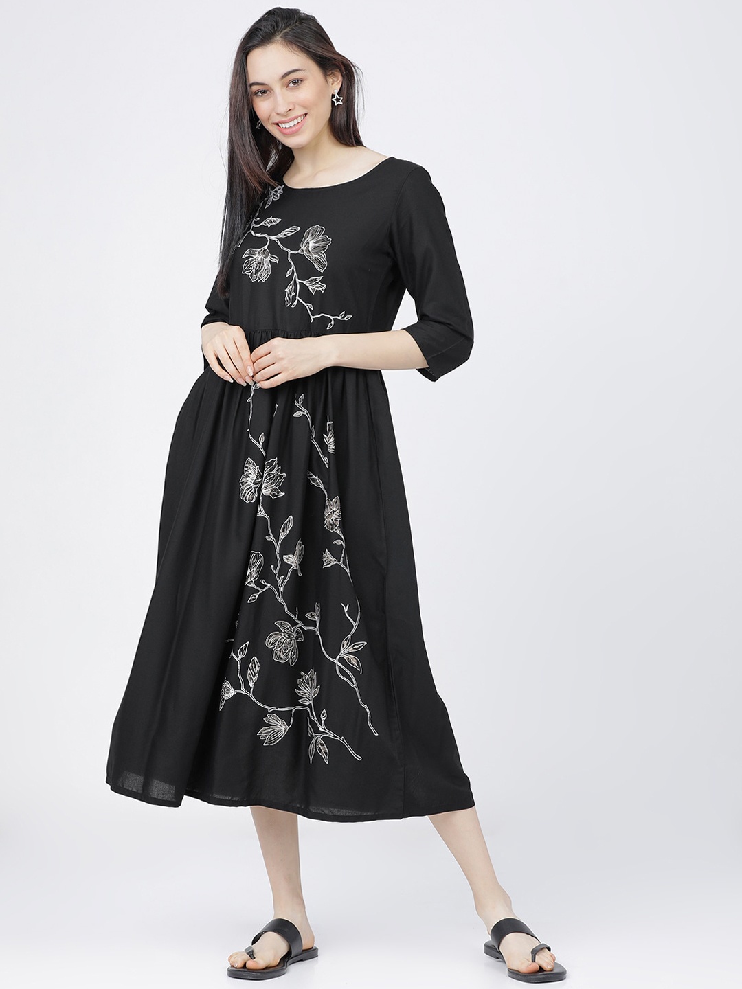 

Vishudh Black Floral Midi Dress