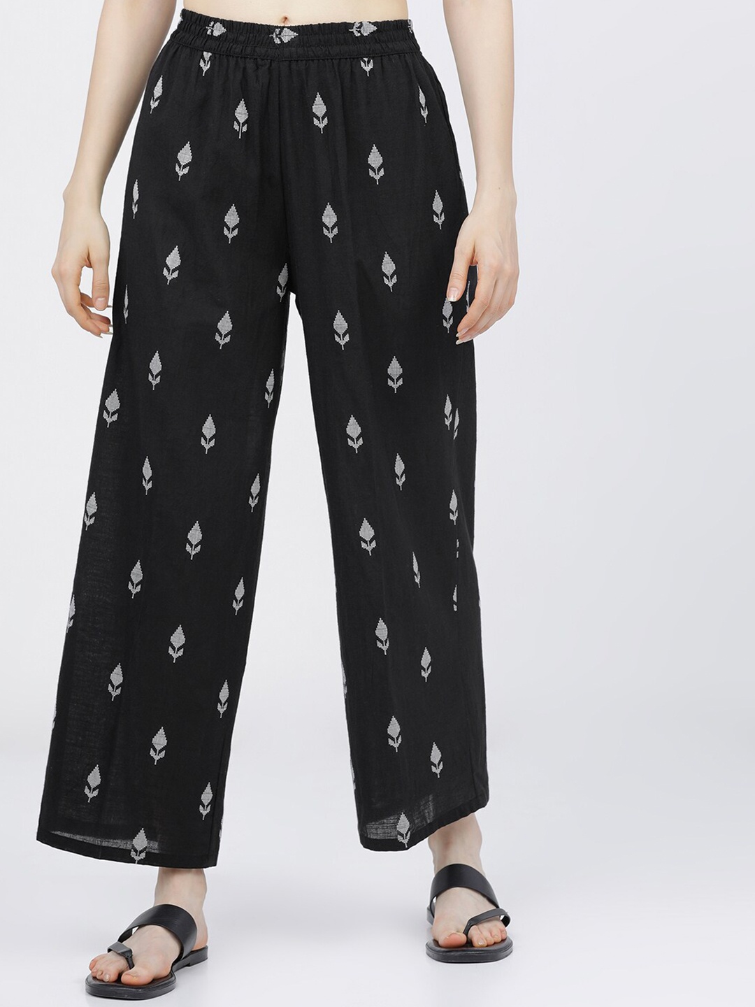 

Vishudh Women Black & Off White Floral Printed Cotton Ethnic Palazzos