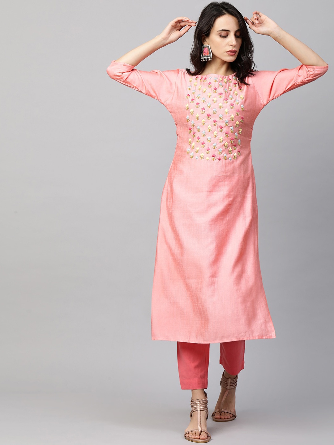 

FASHOR Women Pink Geometric Embroidered Thread Work Kurta