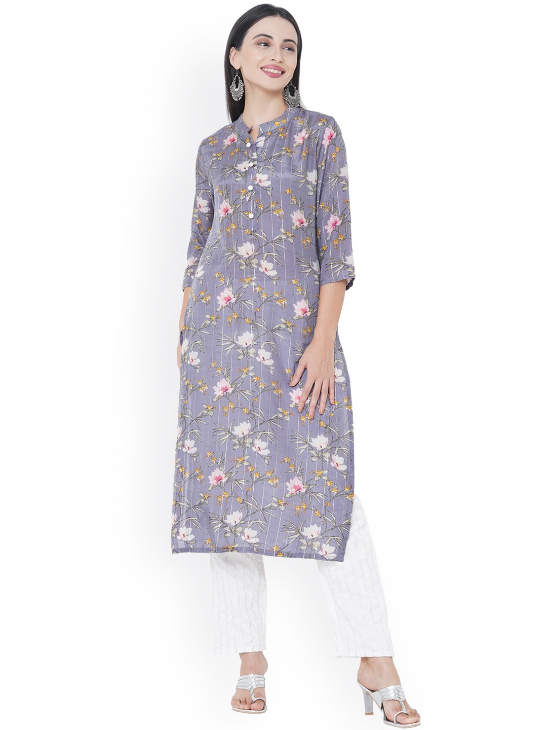 

FASHOR Women Grey & Green Floral Printed Kurta