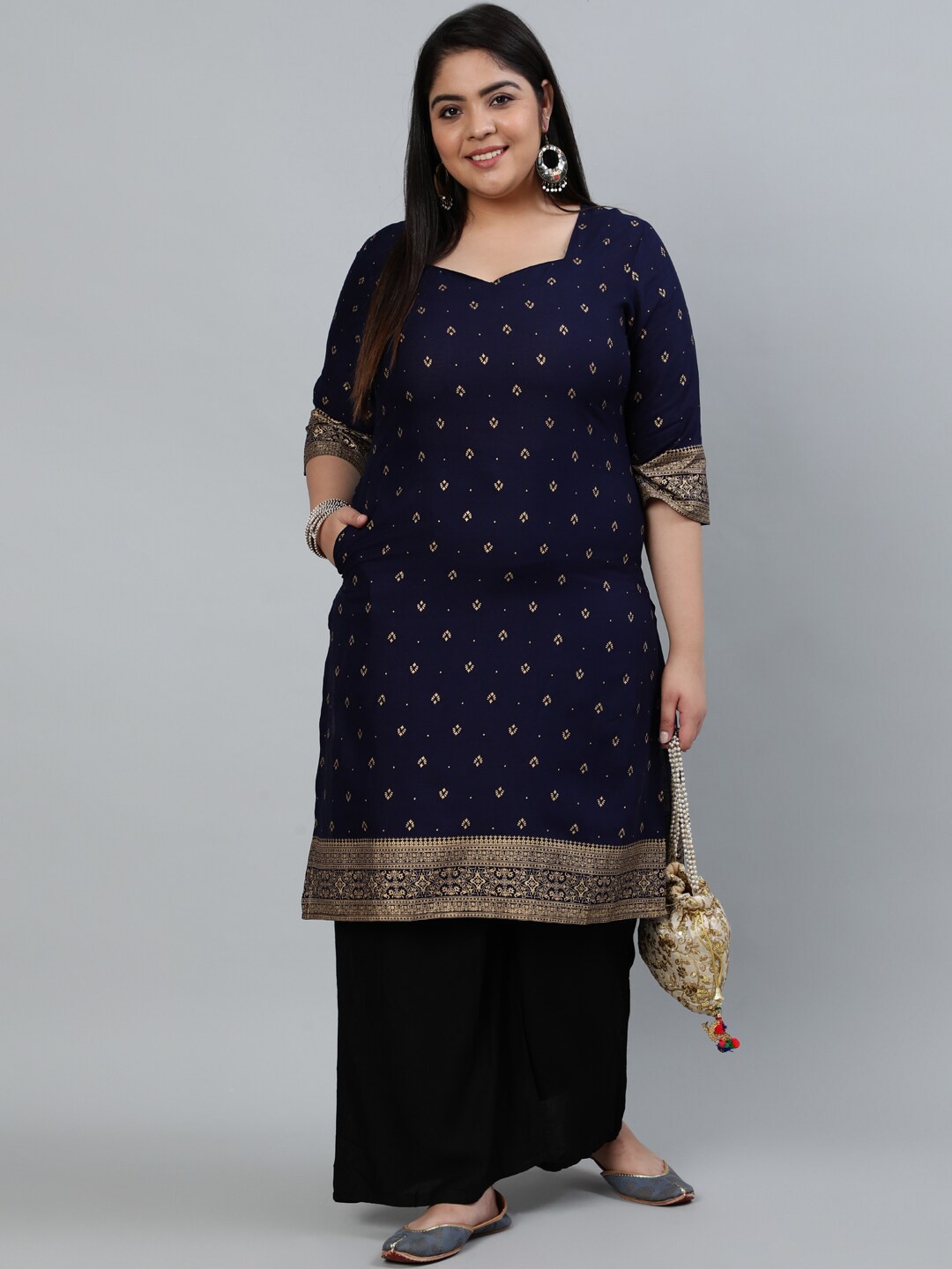 

Nayo Women Navy Blue & Gold-Toned Ethnic Motifs Printed Kurta
