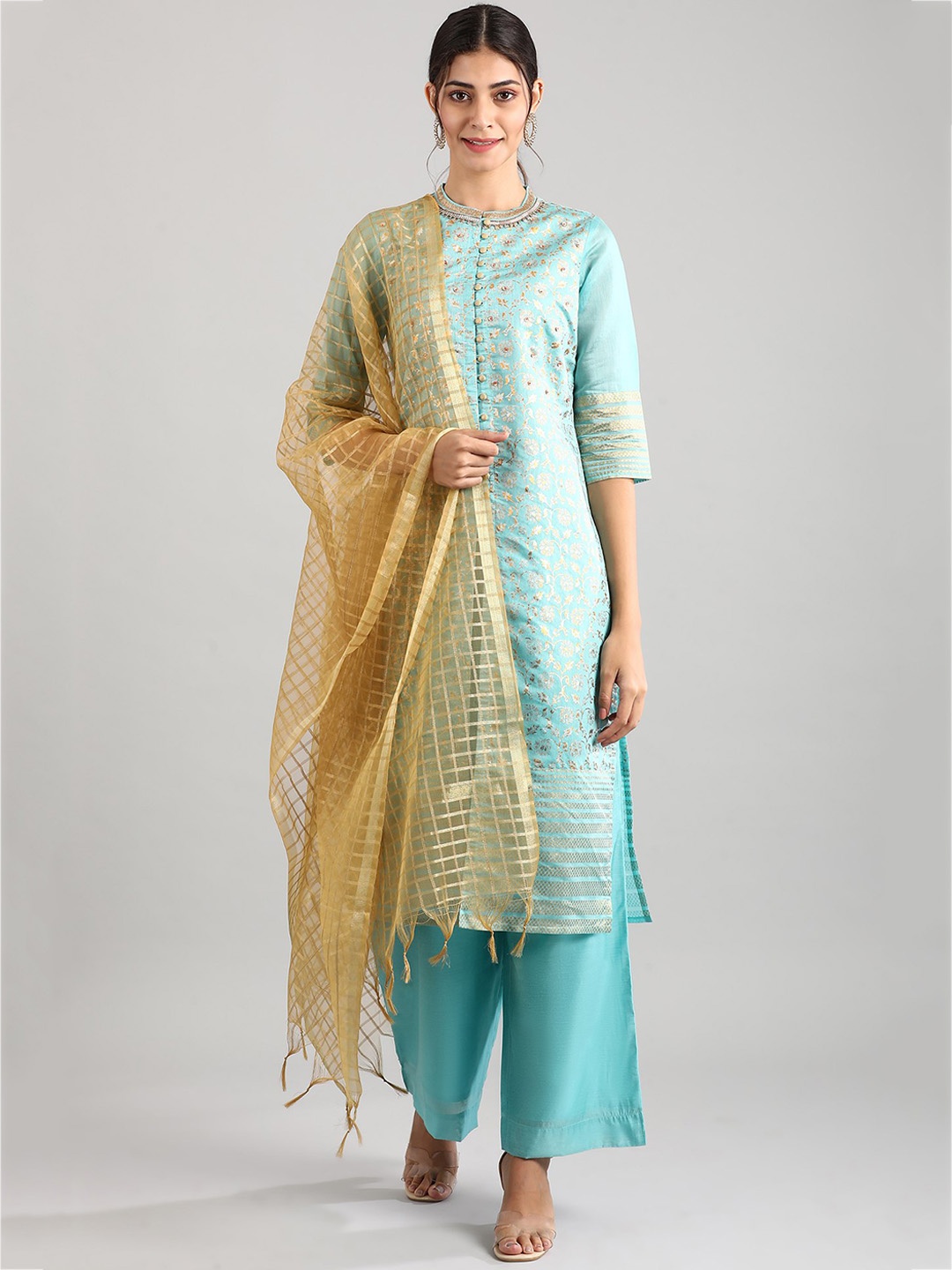 

AURELIA Women Turquoise Blue Ethnic Motifs Sequinned Kurta with Palazzos & Dupatta