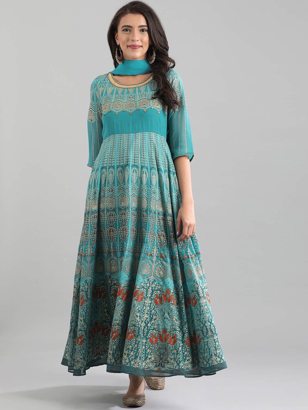 

AURELIA Women Teal Green Ethnic Motifs Printed Beads Kurta with Churidar & Dupatta